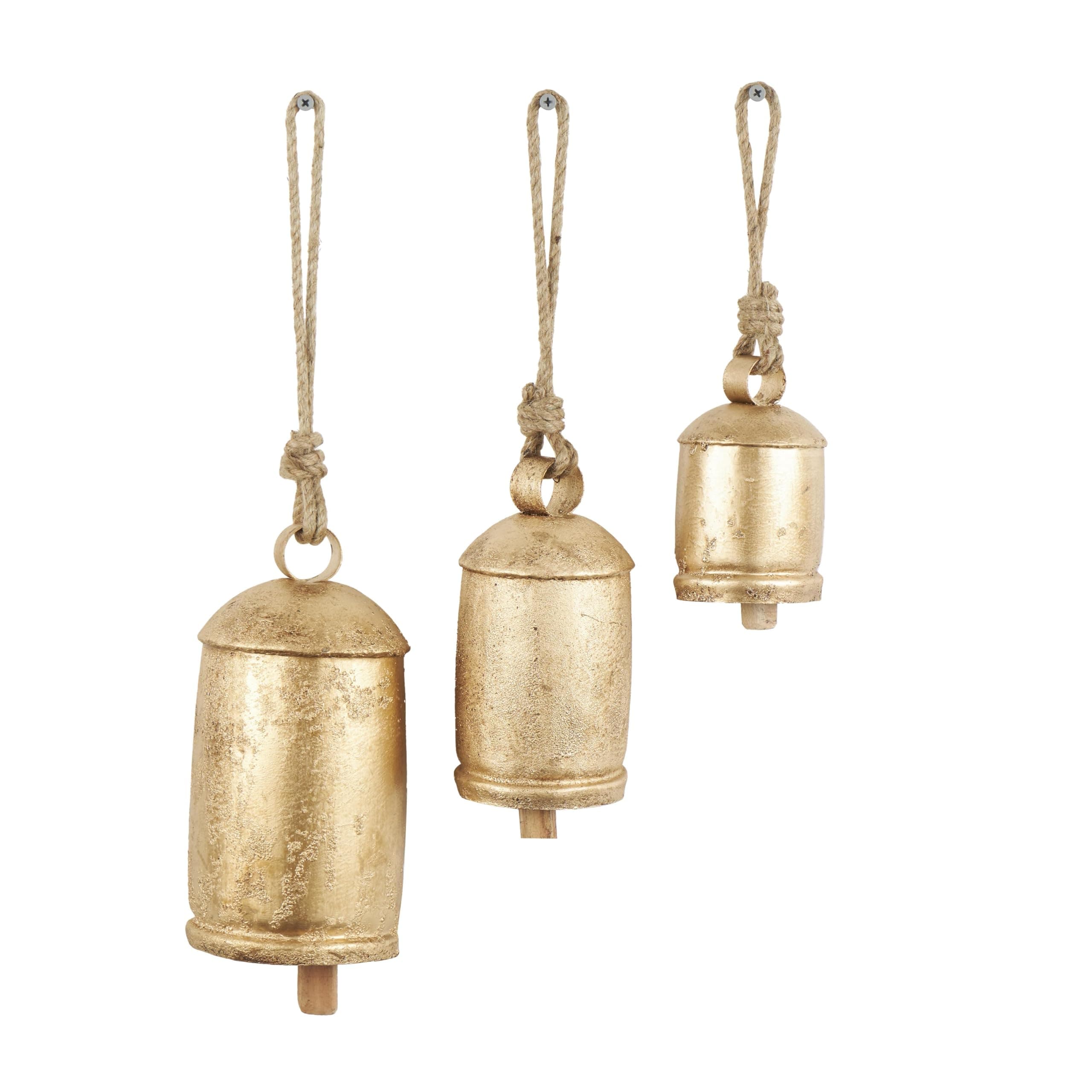 Deco 79 Metal Tibetan Inspired Decorative Cow Bells with Jute Hanging Rope, Set of 3 10", 7", 5"H, Gold