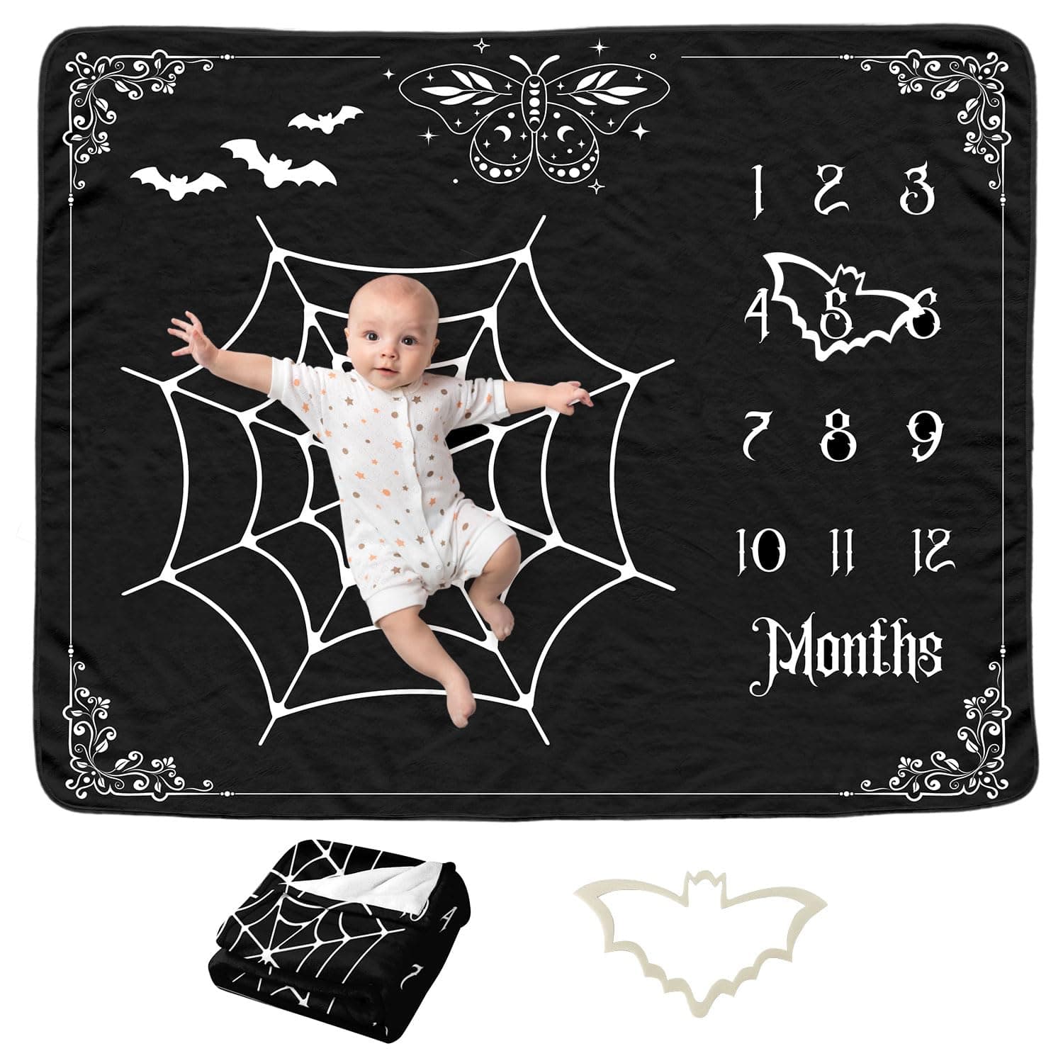 Gothic Baby Monthly Blanket for Boys, Goth Newborn Month Blanket, Soft Flannel Photography Background Prop, Moth Bat Halloween Personalized Shower Gift, Gothic
