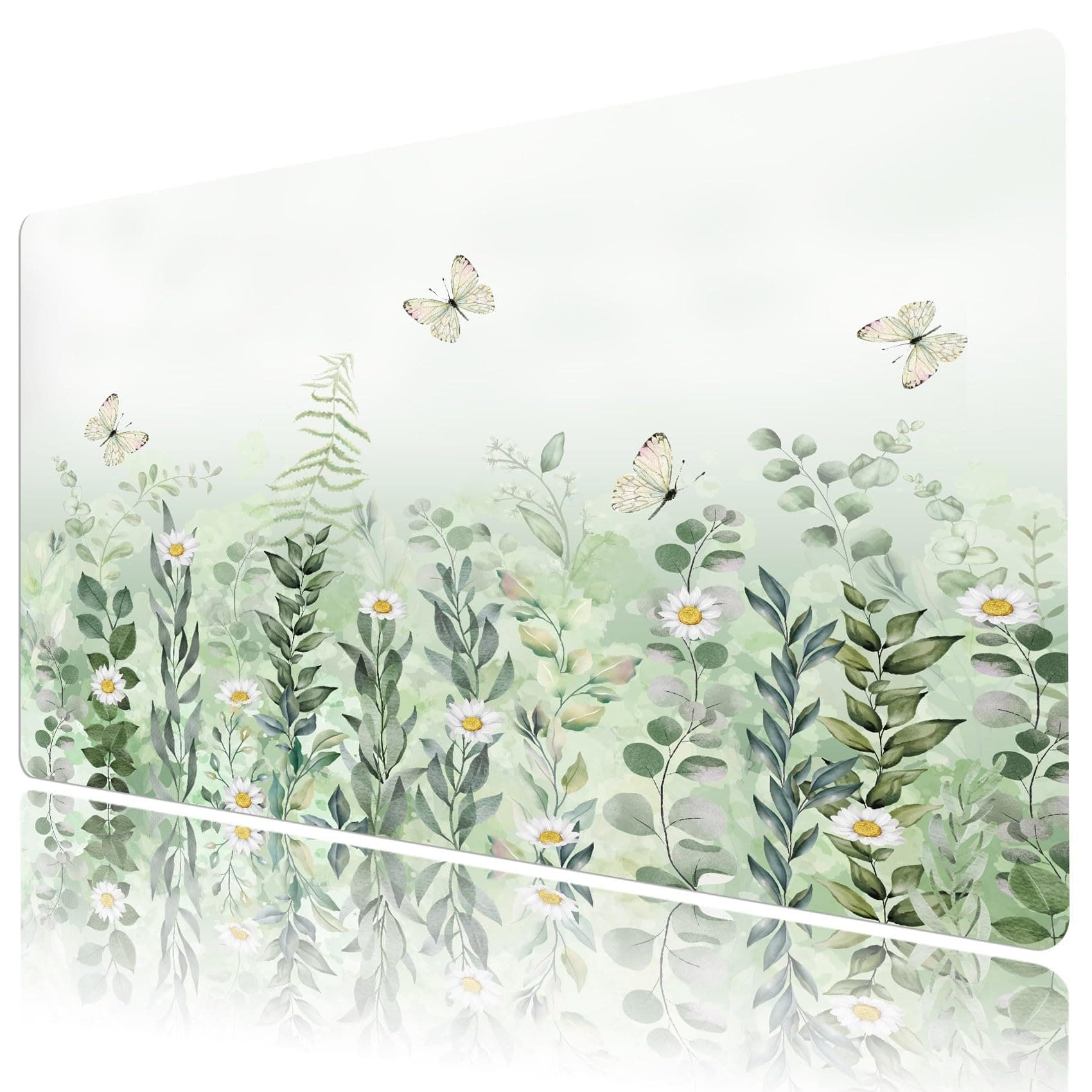 LB Sage Green Plant Large Mouse Pad White Flower with Butterfly Extended Keyboard Pad Non-Slip Base XL Gaming Mousepad Big Desk Mat for Home Office Work,31.5x15.7 Inch