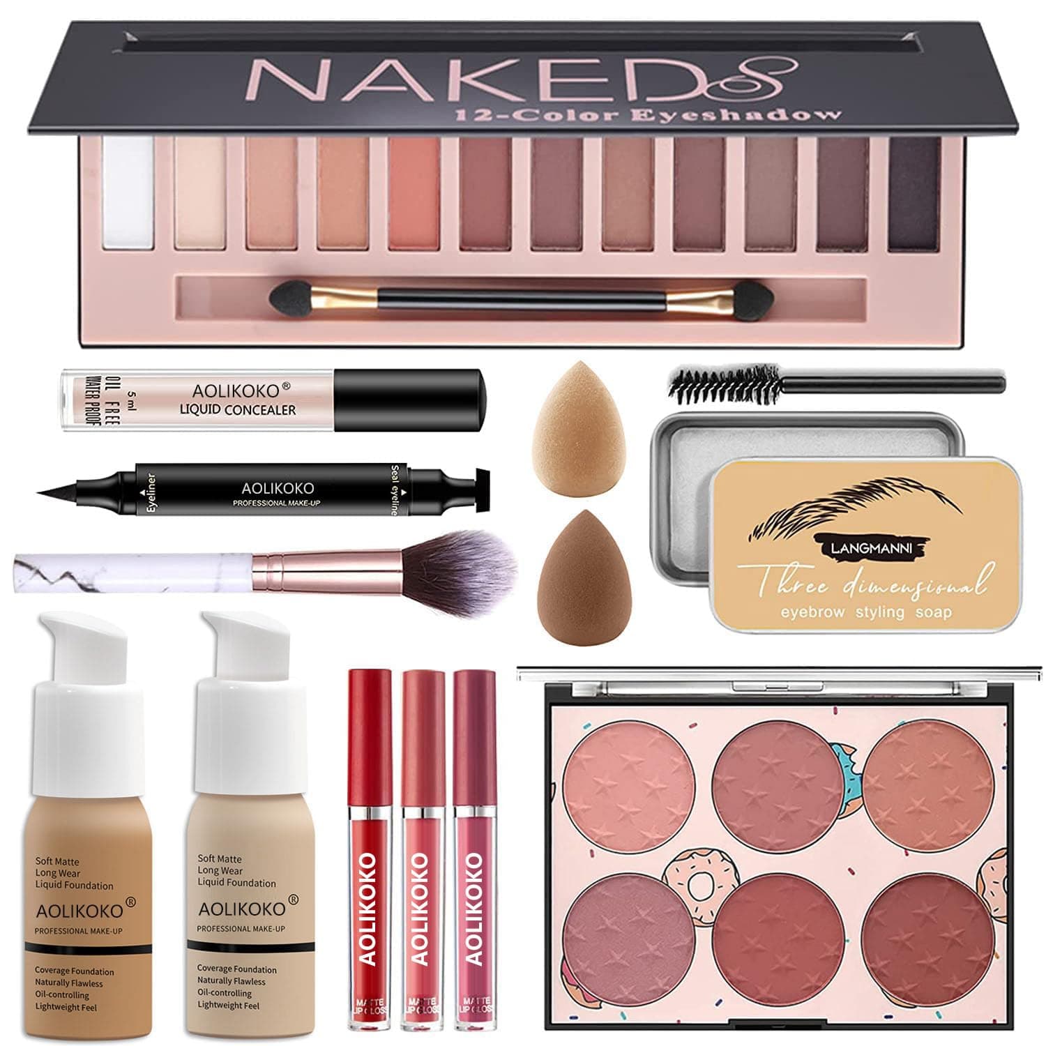 Professional Makeup Kit Set,All in One Makeup Kit for Women Full Kit, Includes 12 Colors Eyeshadow Palette, Liquid Foundation & Concealer,Liquid Lipstick,Face Blush,Makeup Brush, Makeup Sponge, Eyebrow Soap, Winged Eyeliner Stamp,Makeup Gift Set for Women, Girls & Teens