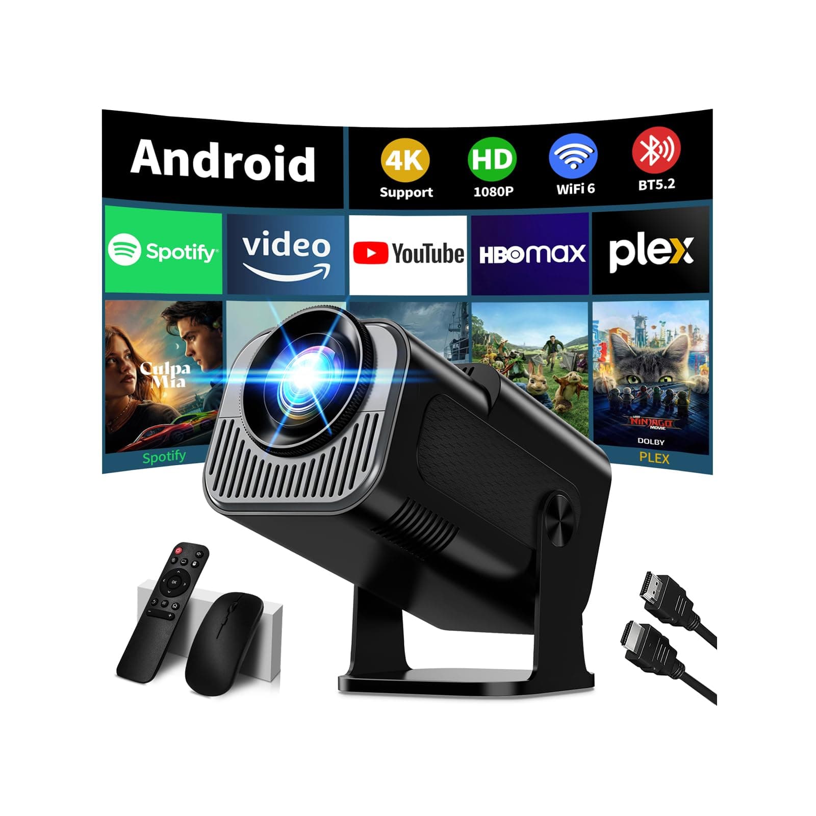Mini Beamer Unterstützt 4K 1080P, Projektor Tragbarer mit WiFi 6 und Bluetooth 5.2, Beamer Klein Projektor Auto Keystone 270° Dreh Kompatibel mit HDMI/TV Stick/Memory Stick/Laptop, Schwarz