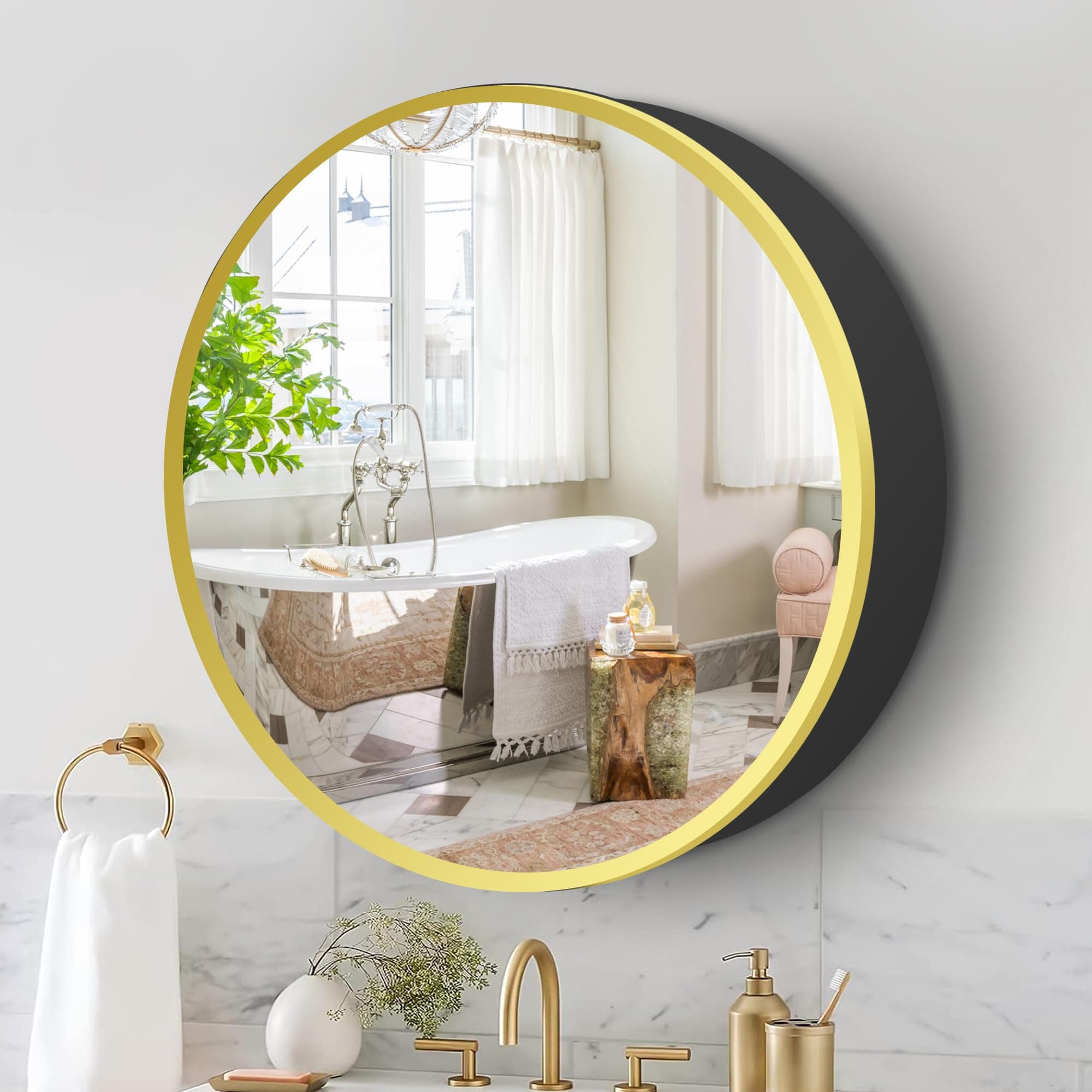 Movo 28 Inch x 28 Inch Bathroom Round Aluminum Medicine Cabinet with Mirror, Circular Storage Cabinet Surface Mounted Gold