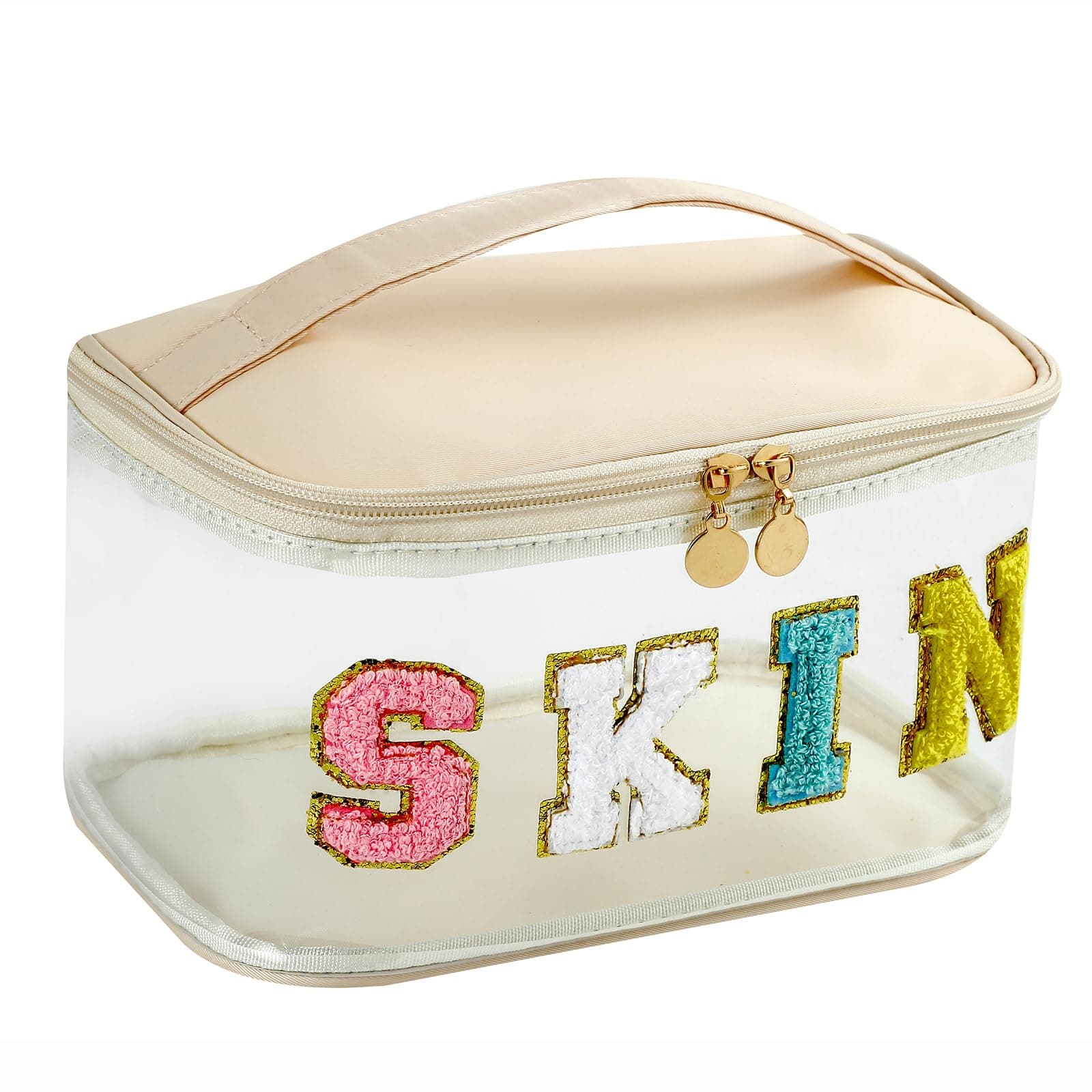 Chenille Letter Clear Medicine Makeup Bag, Large Size Waterproof Nylon Cosmetic Toiletry Storage bag with Top Handle, Transparent Meds First Aid Travel Organizer Cosmetic Bag, 11Skin-Biege