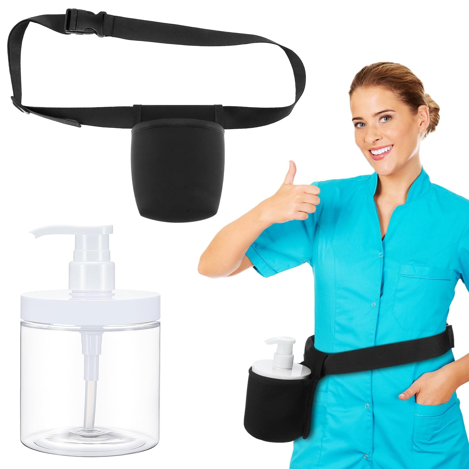 FoldTier Pump Bottle with Massage Lotion Holster Refillable Plastic Bottles Adjustable Single Holster Wide Mouth Jar Style Empty Pump Bottles Dispenser for Oil Lotion Massage Shampoo Conditioner