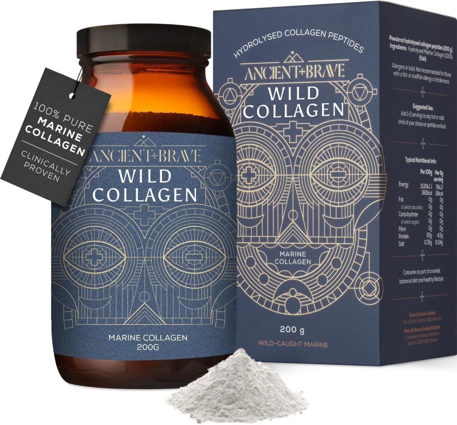 Ancient + Brave Wild Collagen 200g - Marine Collagen Powder (Fish) - 100% Hydrolysed Collagen Peptides (Type I) - Fasting and Keto Friendly - Neutral Tasting, Skin, Hair & Nails - 30 Day Supply