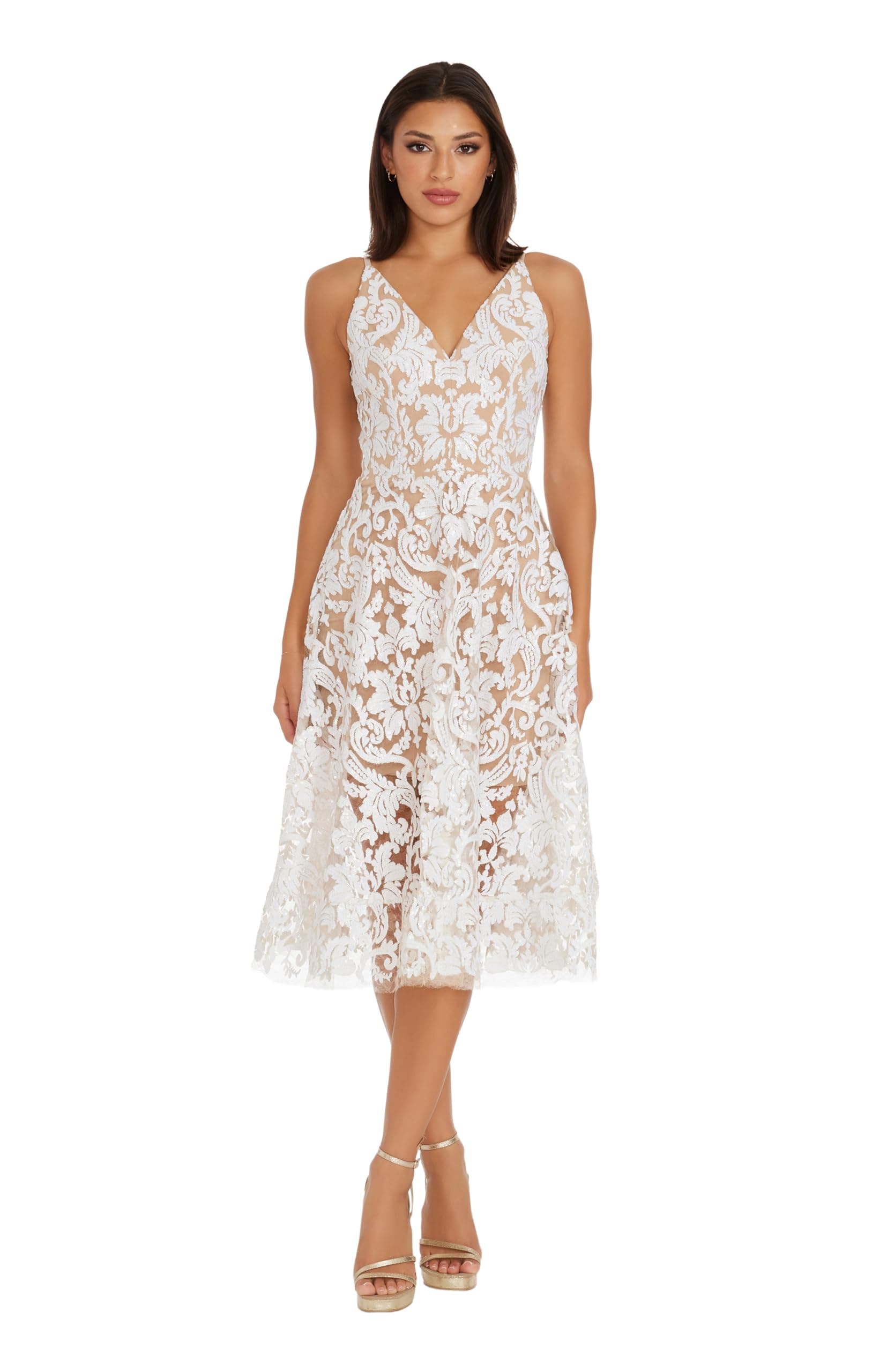Dress the Population Women's Blair Lace Sequin Fit & Flare Dress, White/Nude, S