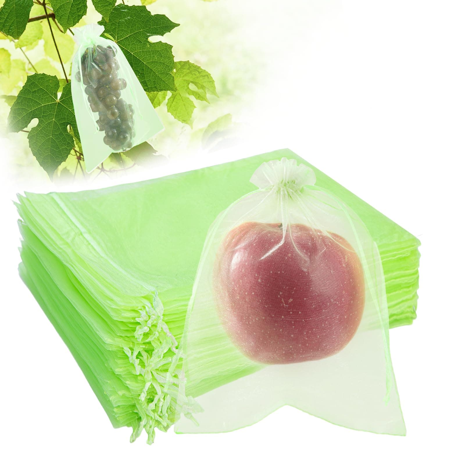 SmileLucky 100PCS Fruit Protection Bags with Drawstring, 6x8 Inch Green Organza Produce Bags for Fruit Trees, Mesh Netting for Garden Protection