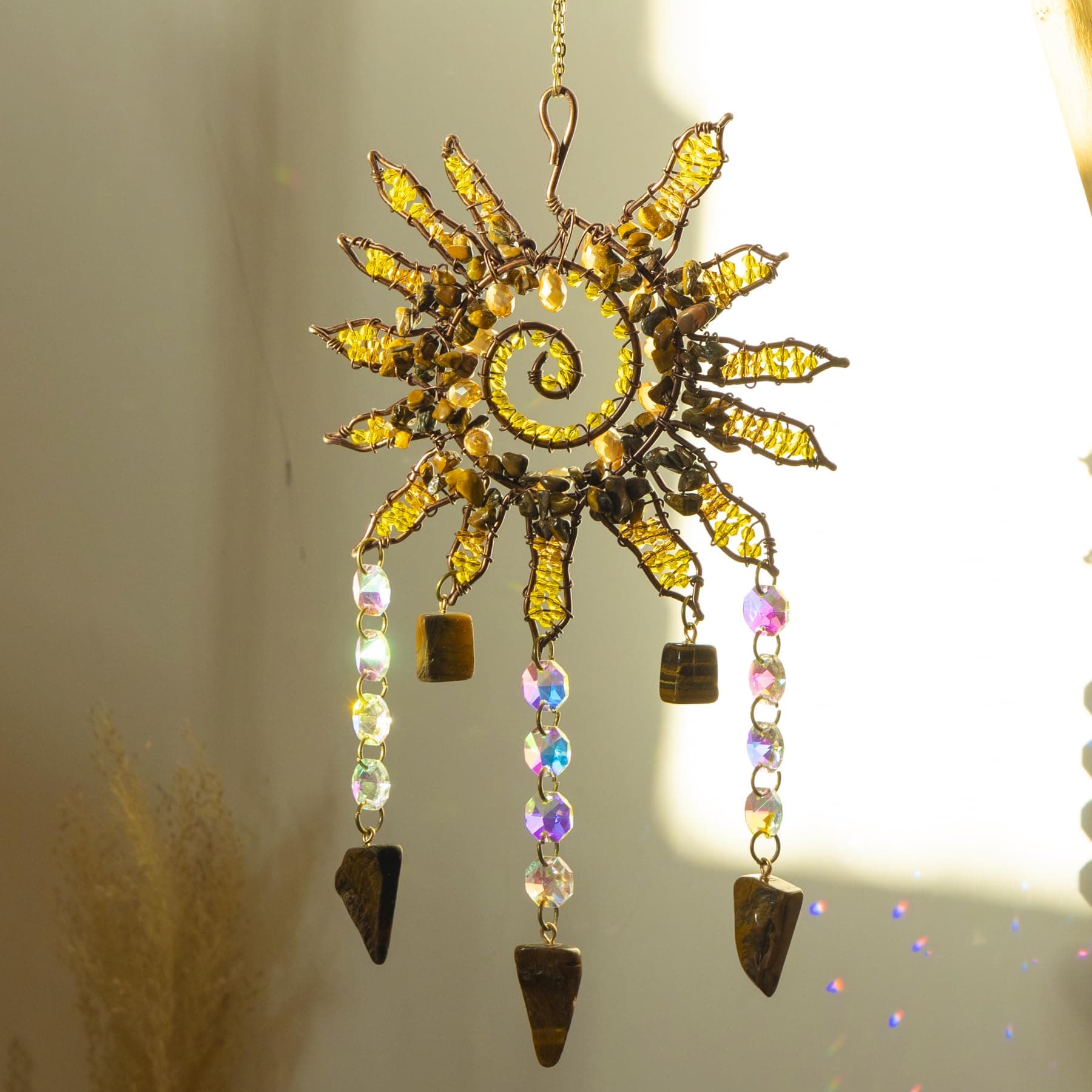 Suncatcher Window Hanging Ornament, with Crystals, Tiger's Eye Stones and Prism Sun Catcher Chains, Handcrafted Art Decor for Home & Garden
