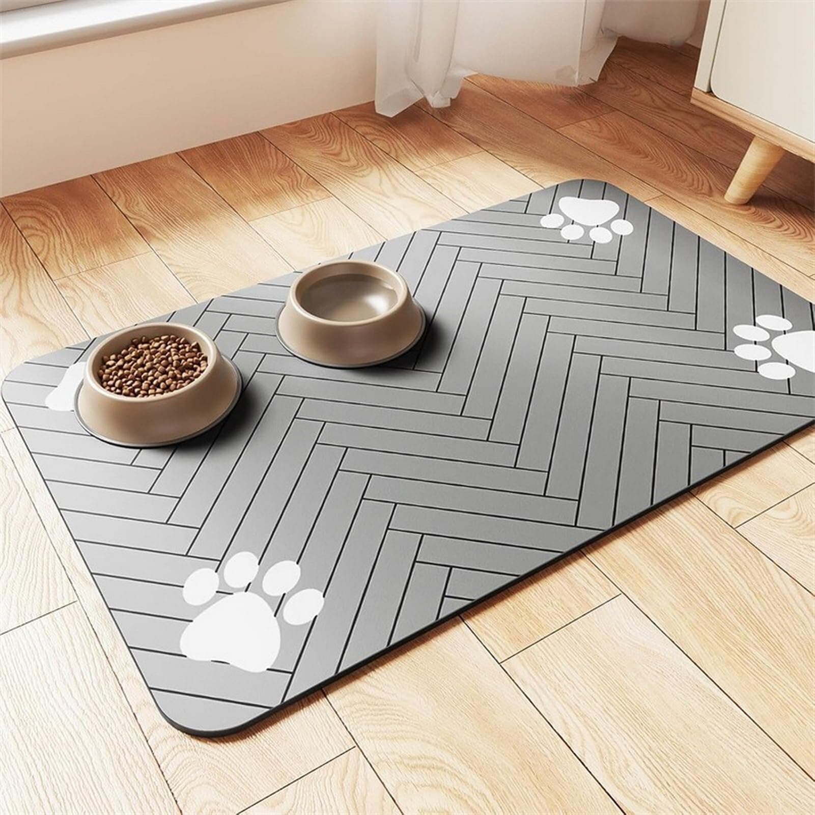 BESTORI Cat Food Mat for Pet Dog No Stains Quick Dry Absorbent Food Water Bowl Feeding Mat with Footprints for Messy Drinkers Gray, 12"x20"