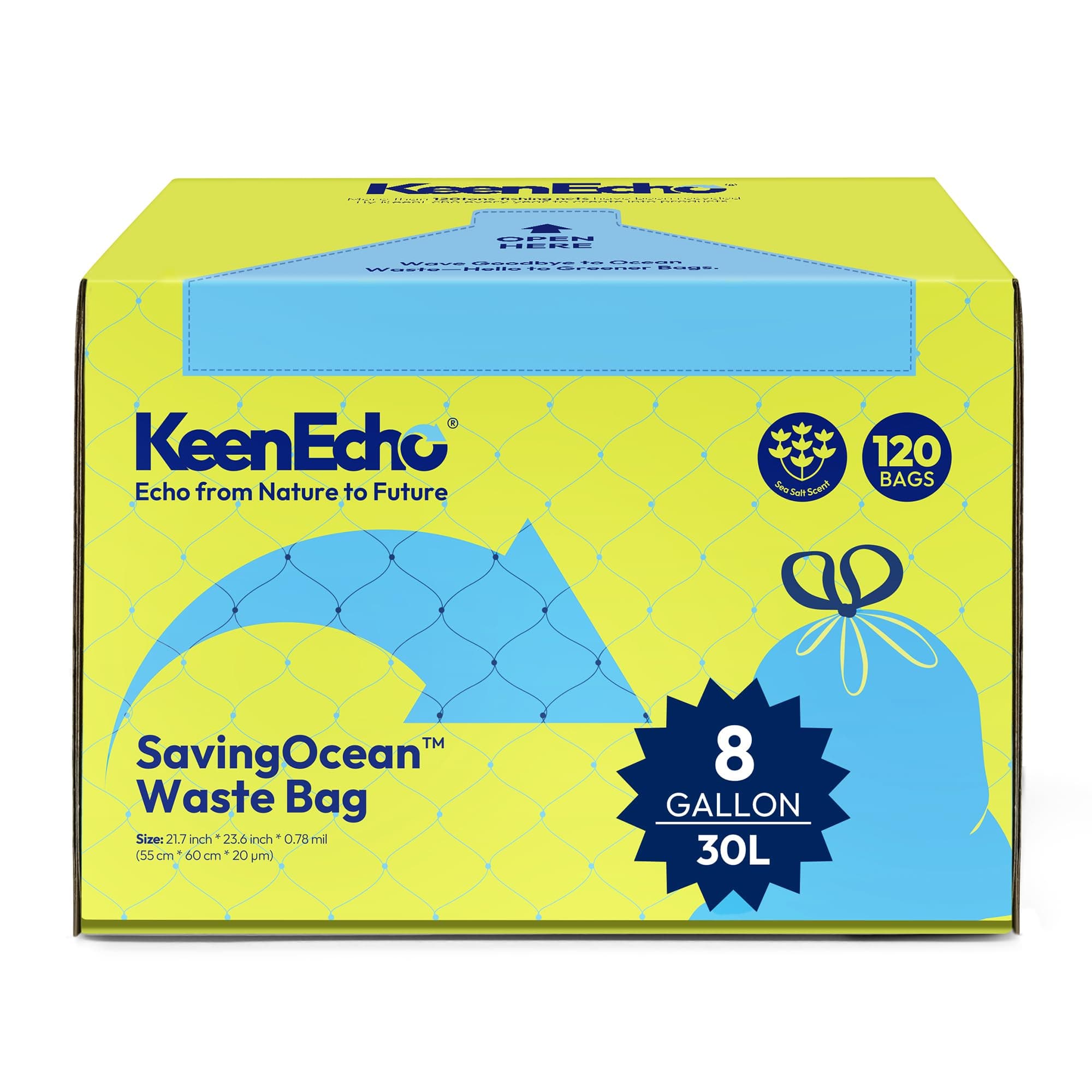 KeenEcho 8 Gal 30L 120 Counts Drawstring Bin Liners, Ocean Fishing Nets Upcycling, Sea Salt Scented, Plastic Bin Bags, Waste Bag for Kitchen, Bathroom, Office and Pets
