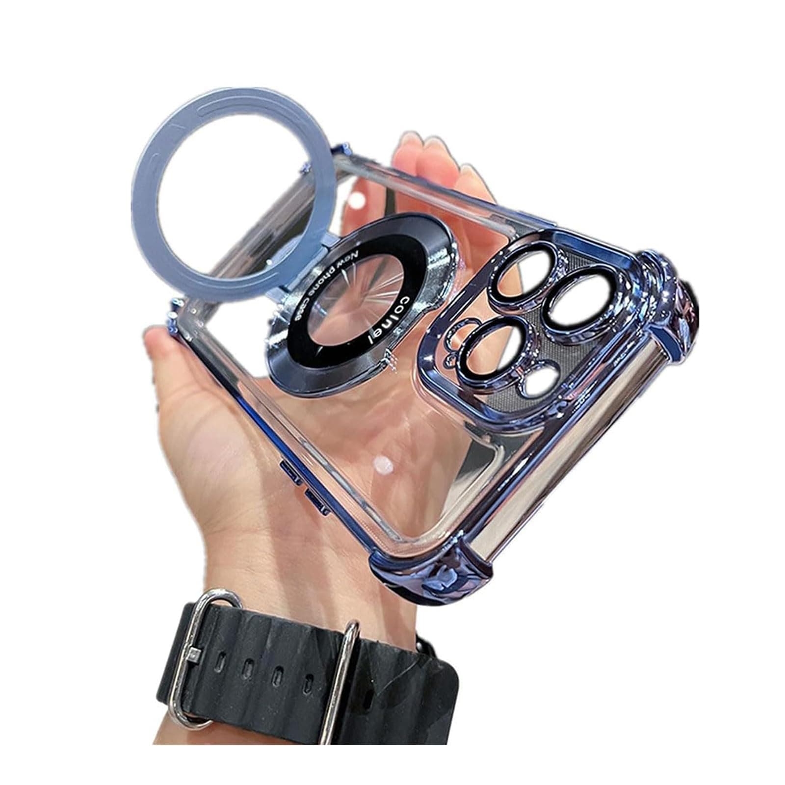 Four Corners Anti-Drop Magnetic Bracket Case Cover for iPhone,O Ring Invisible Folding Shockproof Stand,Electroplate Transparent Full Coverage Phone Case for iPhone (Blue,for iPhone12)