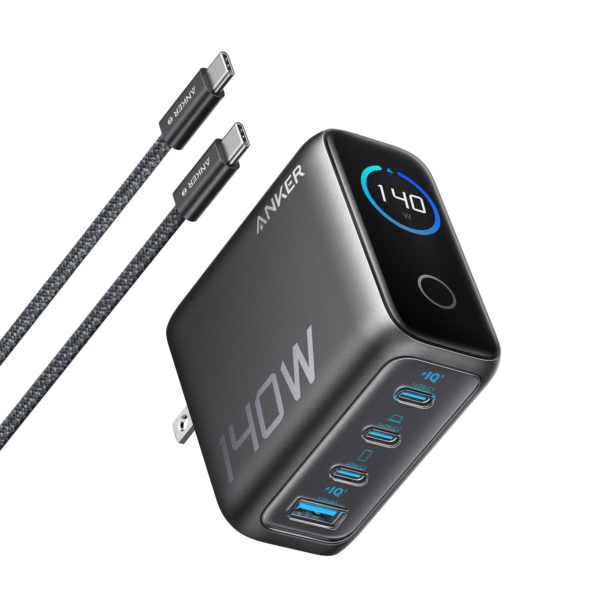 Anker Cargador Tipo C de 140W con 4 Puertos, Carga Rápida con Adaptador GAN Avanzado y Controles Táctiles Intuitivos, Compatible con iPhone 17/16/15/14, MacBook y Samsung Galaxy