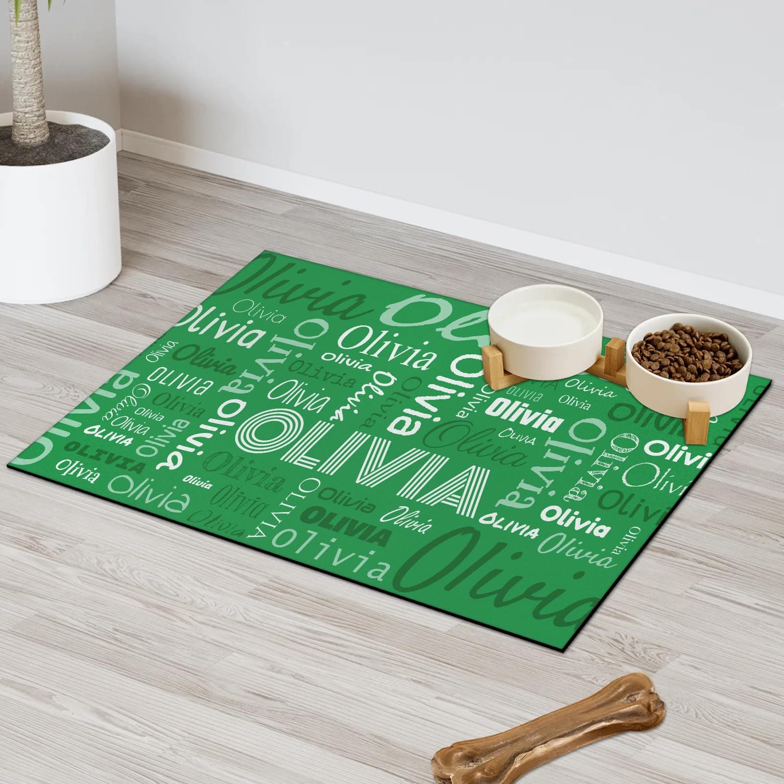Ioracida Personalized Pet Feeding Mat Absorbent Non-Slip Food Mat for Dogs & Cats Custom Name Pet Placemats Waterproof Washable Dog Accessory 17" x 30", Green