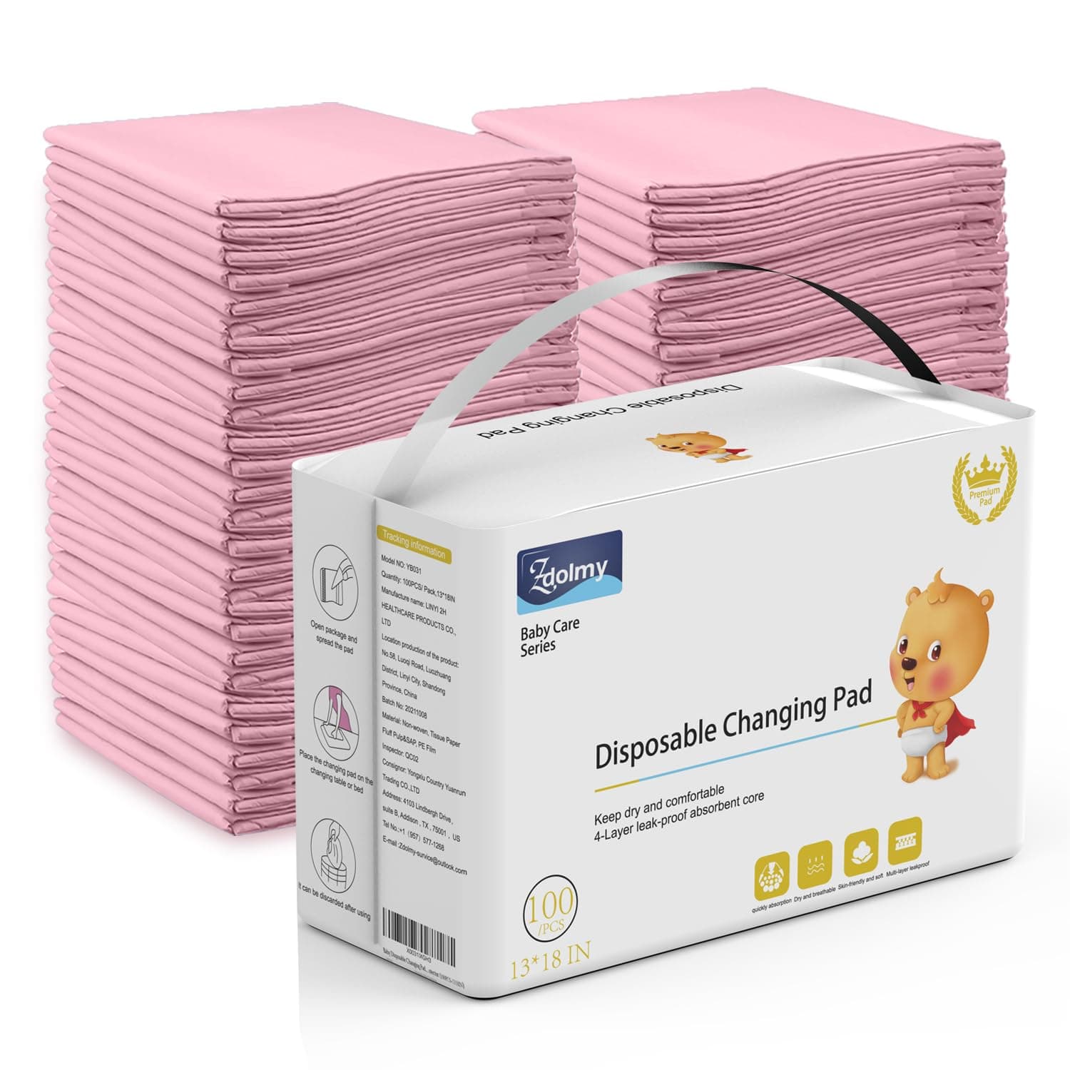 Disposable Changing Pad (100 Pack), Baby Incontinence Changing Pads Diaper UnderPads, Ultra Absorbent & Waterproof, Covers Any Surface for Baby Diaper Changes,18 x 13inch (Pink)
