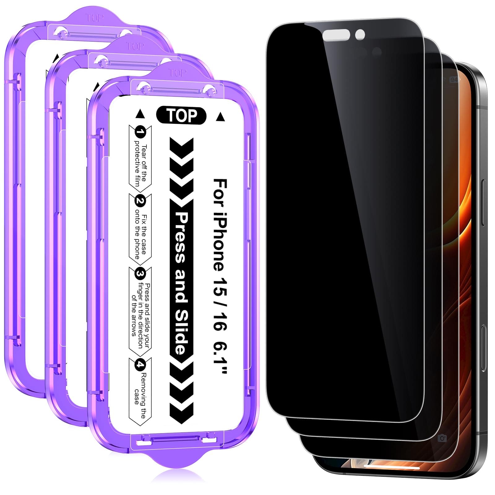 Ksleri 3 Pack for iPhone 16/ iPhone 15 Privacy Screen Protector 6.1 Inch