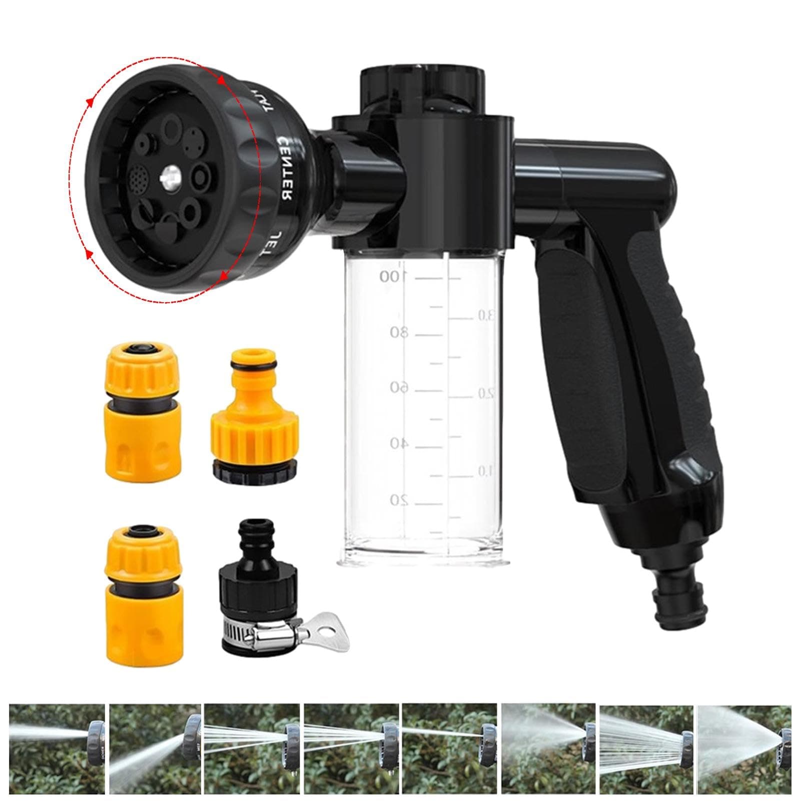 Hose Foam Sprayer, Garden Hose Foam Sprayer, Car Wash Foam Sprayer Garden Hose Foam Nozzle Sprayer with Dispenser Bottle, Hose Pipe Spray Guun High Pressure, 8 Way Spray