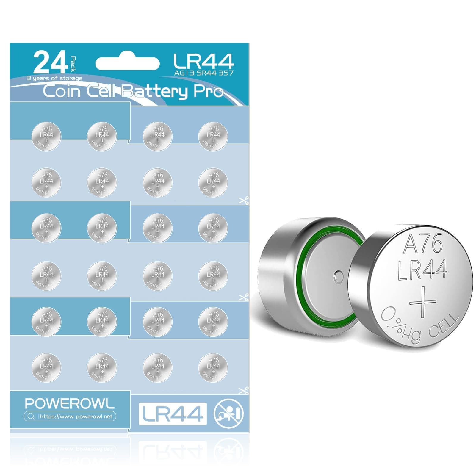 POWEROWL LR44 Batteries, L1154F AG13 357 303 A76 1.5V Button Coin Cell Batteries (24 Count, Blue)