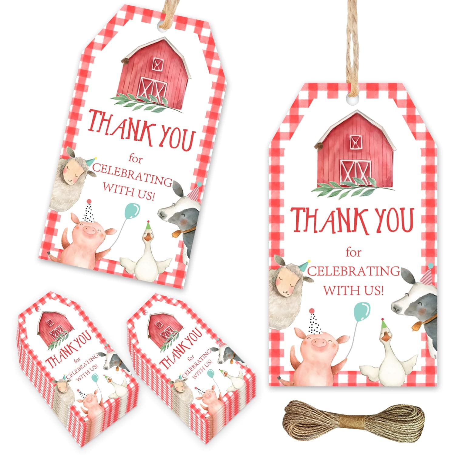 50Pcs Farm Animals Theme Thank You Tags Red Farmhouse Thank You Gift Tags Thank You for Celebrating with Us Paper Tags Hanging Labels for Baby Shower Sheep/Pig/Goose Farm Themed Birthday Party Favors