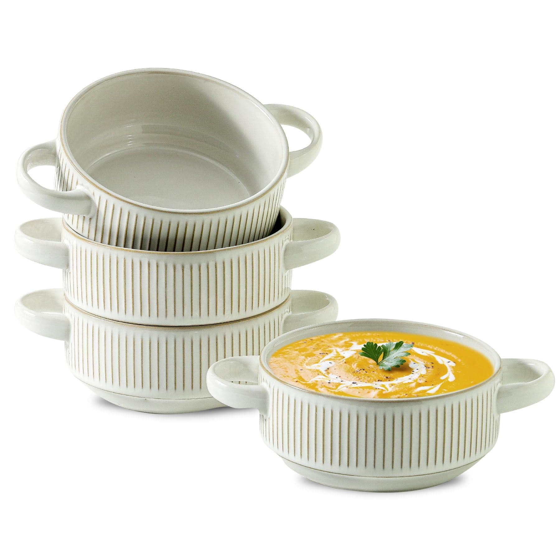 Howise Soup Bowls with Handles, 23 oz French Onion Soup Crocks, Stackable Soup Bowl Oven Safe for Chili, Beef Stew, Embossment Ceramic Bowl Set - 5.4 Inch, Set of 4,Blue