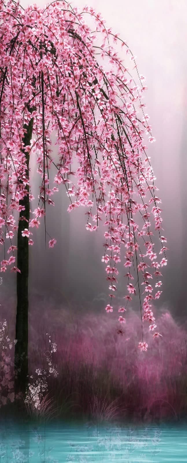 A.Monamour 3D Door Stickers for Interior Doors Magical Pink Flower Tree by Lake Vinyl Removable Self Adhesive Door Poster Wallpaper Mural Decals for Bedroom Office Bathroom 85x200cm