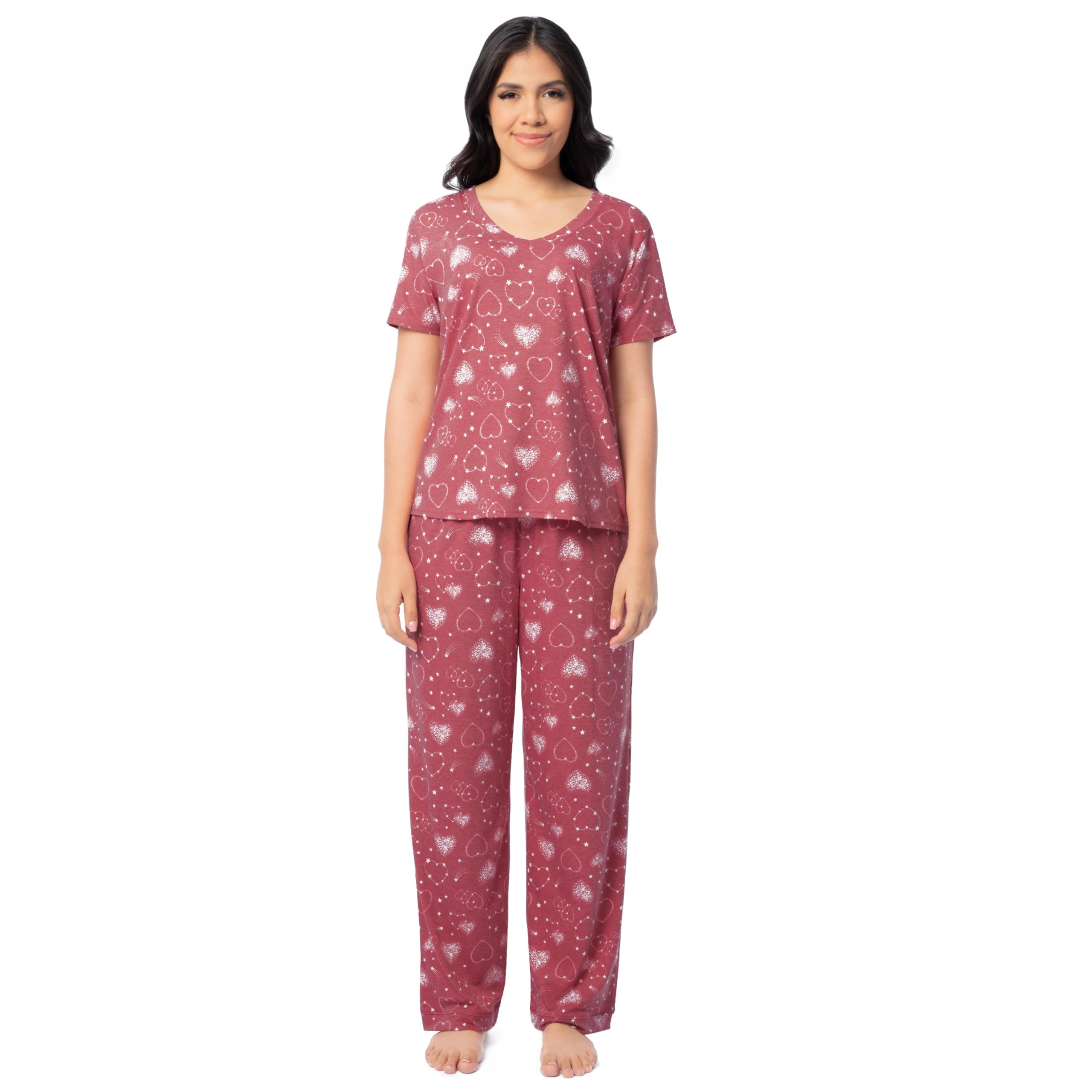 Fruit of the Loom womens Short Sleeve Tee and Pant 2 Piece Sleep Set, Red/Hearts, XL