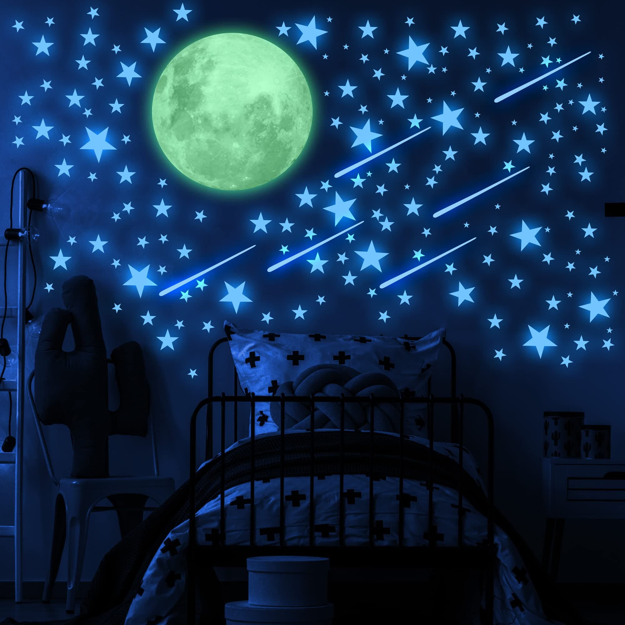Glow in The Dark Stars and Moon for Ceiling, Luminous Stars and Moon Wall Decal, Wall Decor, Sticky Fluorescence Stars, Gift for boy and Girl Perfect for Kids Nursery Bedroom Living Room (Blue)