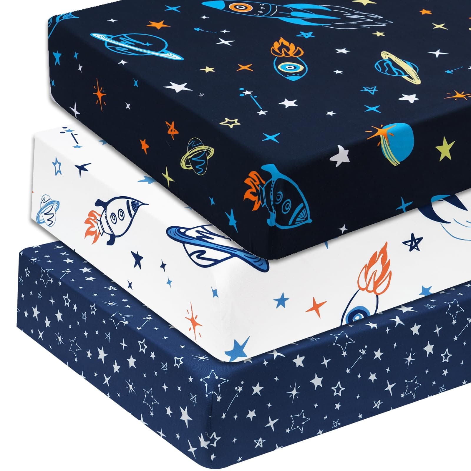 david's kids 3 Pack Fitted Crib Sheets, Ultra Soft Breathable Comfortable Baby Sheet Set for Boys Girls Neutral, 28x52 Inch Fits Standard Crib and Toddler Mattresses, Space