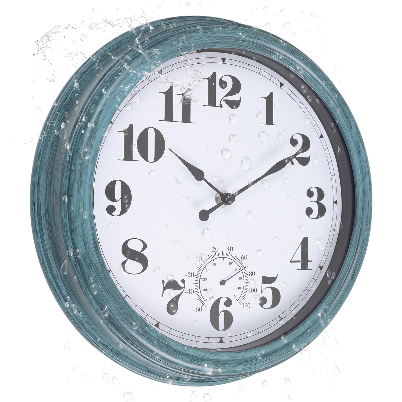 Aurowit Outdoor Wall Clock with Thermometer 12 Inch Waterproof Outdoor Clocks Battery Operated Wall Clock Dark Black Non Ticking for Patio Pool (Green, 12 Inch)