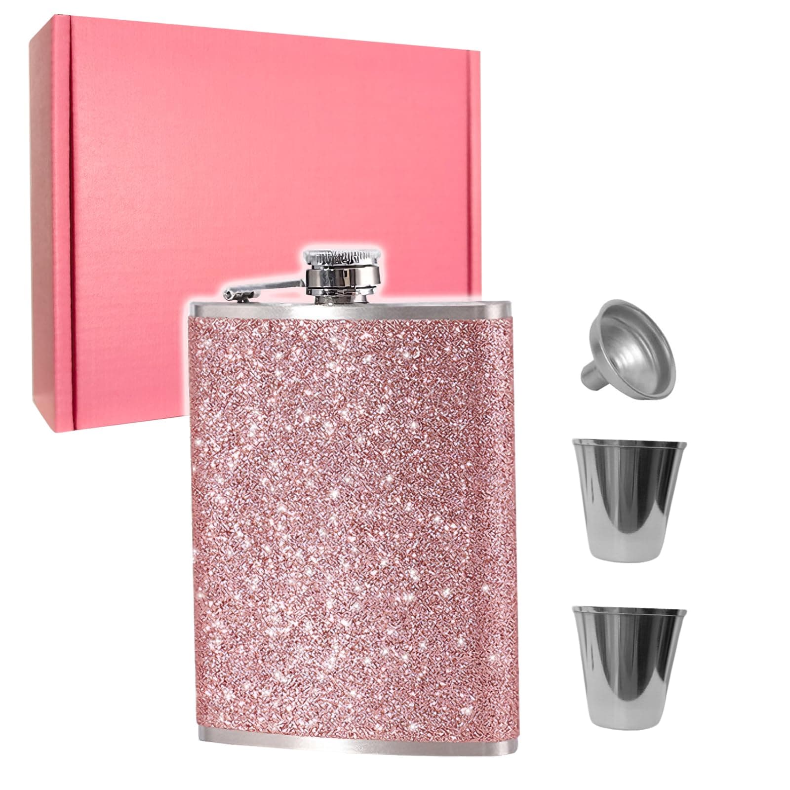 Flask for Alcohol, Leakproof Sparkly Hip Flask with Funnel Shots-Pink