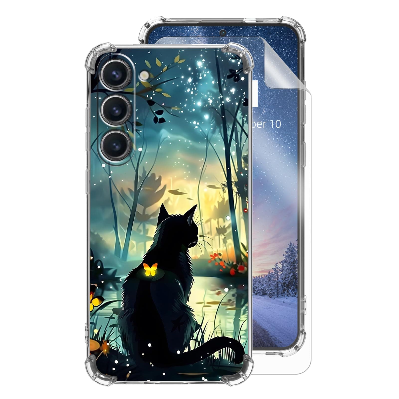 Tudguiloae for Samsung Galaxy S23 Plus Clear Phone Case, Lightweight Transparent TPU, Black Cat Forest Shockproof Four Corner Anti-Fall Protective Cover 6.6" for S23 Plus, Screen Protector Film