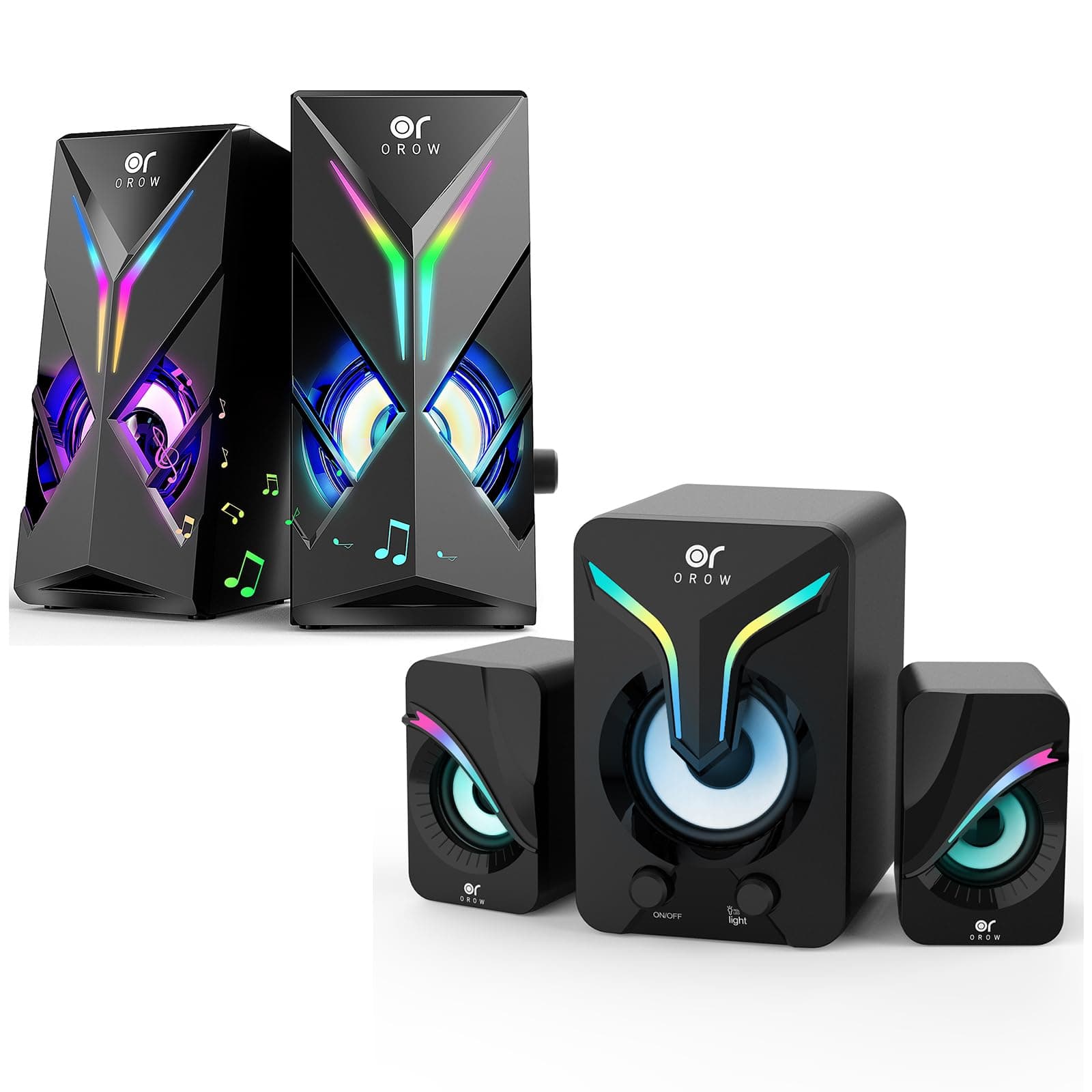 OROW 【Random Shipment of 2.0 or 2.1 Model】 Computer Speakers,10W PC Speakers Desktop Speaker with RGB Lights,USB Powered, Stereo Sound,Gaming Speaker with 3.5mm Aux Cable for Monitor/Laptop/Tablet