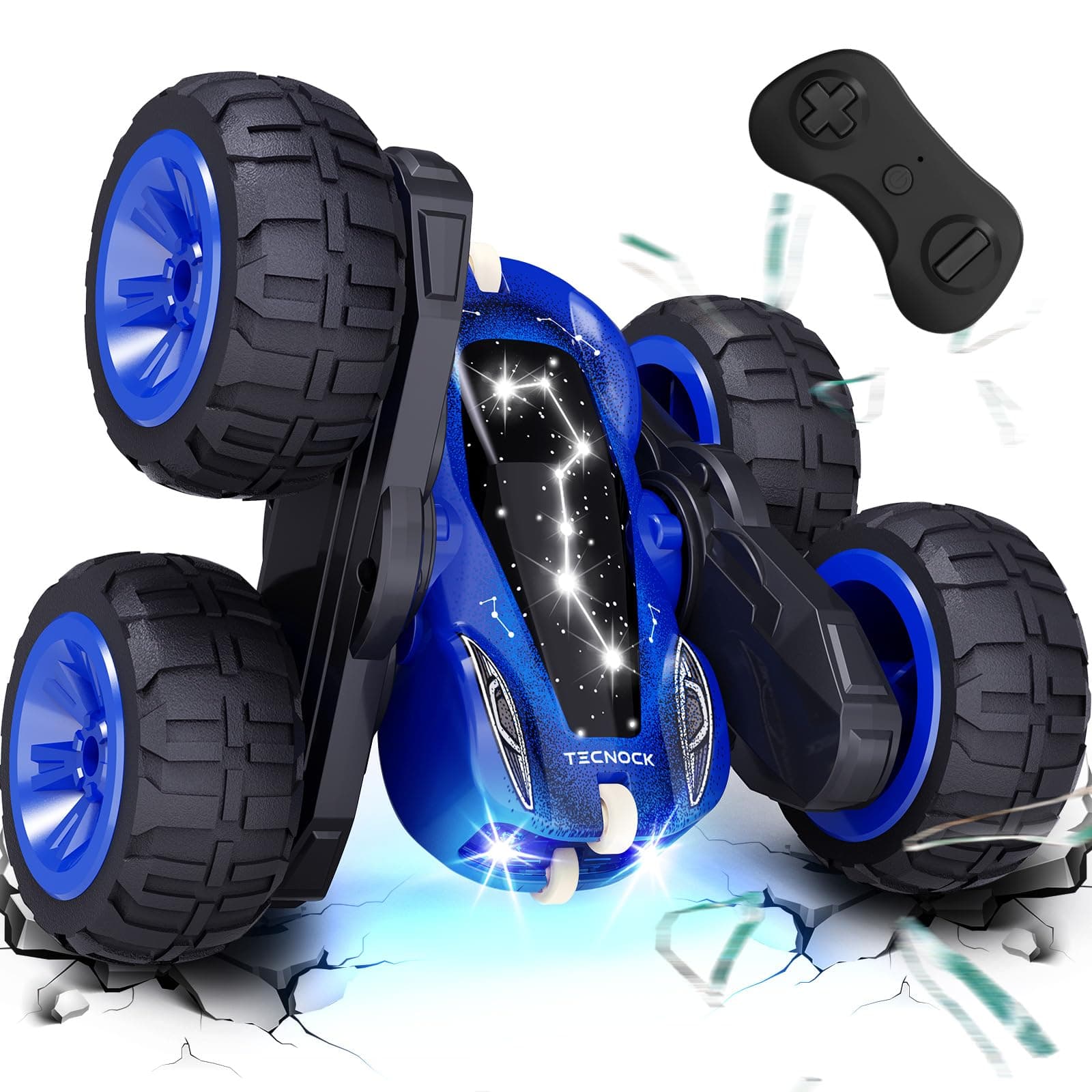 Tecnock Remote Control Cars for Kids, 2.4GHz RC Car with Type-C Easy Charging, 4WD Double Sided 360° Rotates and Flips RC Stunt Car, Toys Gift for Boys and Girls,Blue