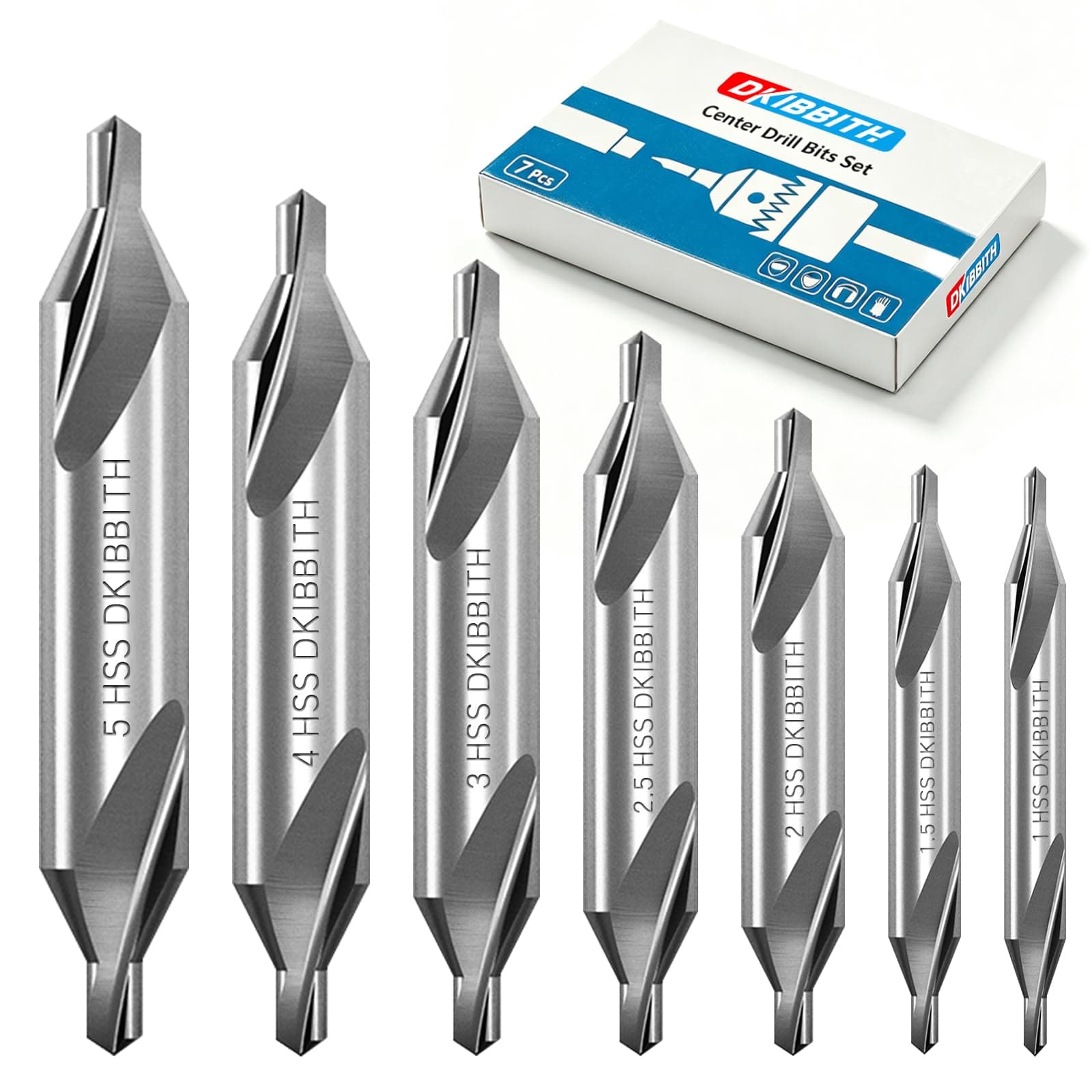 DKIBBITH 7 Pieces Center Drill Bits Set, M2 High Speed Steel 60-Degree Angle Center Drill Bits Kit Countersink Tools for Lathe Metalworking Size 1.0 1.5 2.0 2.5 3.0 4.0 5.0