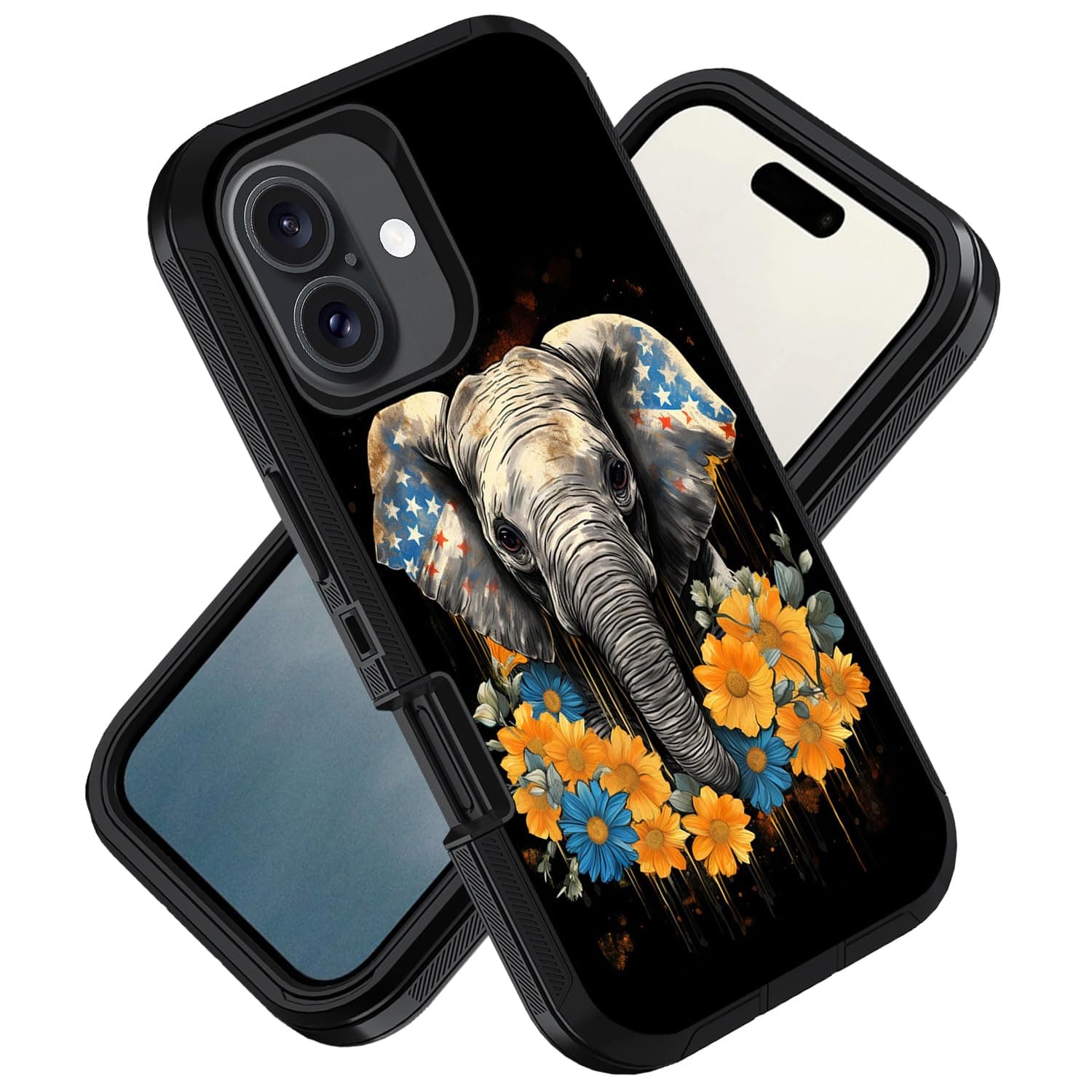 ZXHSBROK Designed for iPhone 17 Case, Military Grade Heavy Duty 3-Layer Shockproof Drop Phone Protective Cover for iPhone 17 (2025) 6.3 inch, Elephant and Sunflower