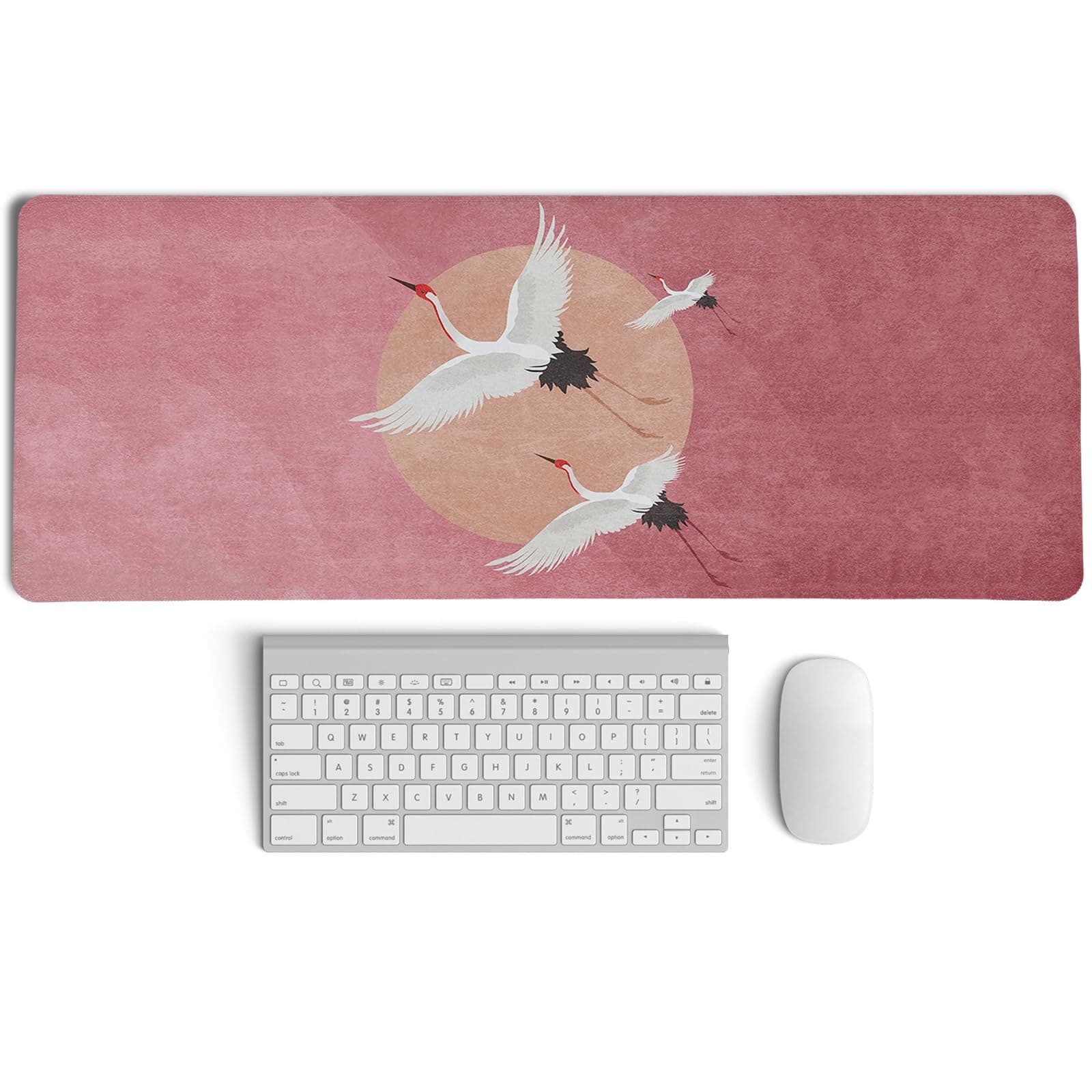 PaJiaNi China Red Crowned Crane Mouse Pad,Preppy Trendy Chinoiserie Art Laptop Desk Mat,Girly Pink Room Decoration,Girly Desk Mat for Home Office Dorm,XL Large Mouse Pad,31.5x11.8 Inch