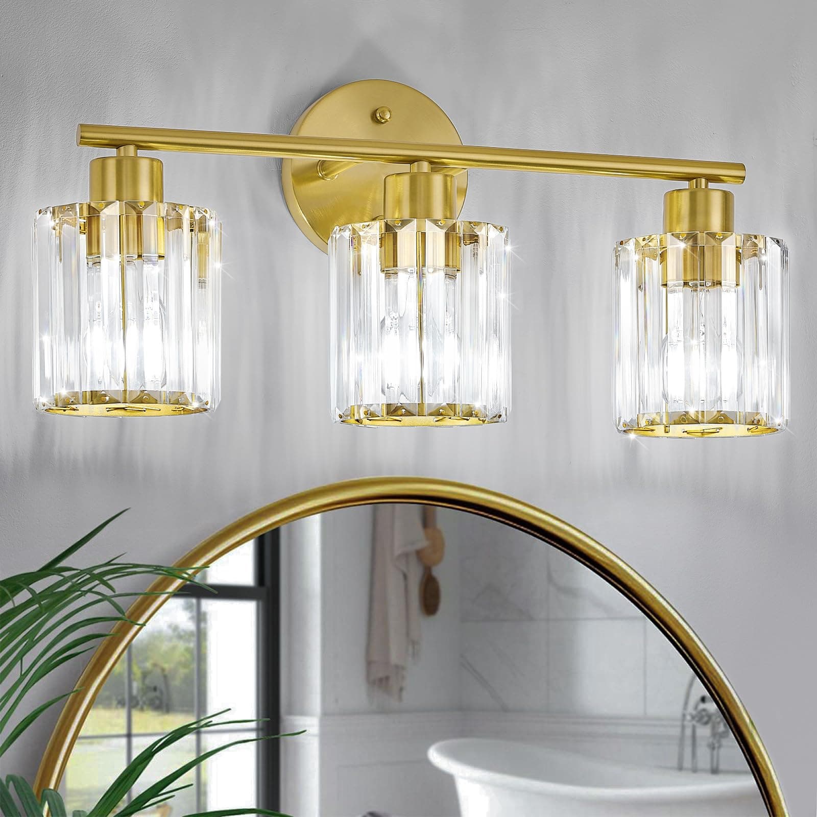 Kvhiiw Crystal Bathroom Light Fixtures, Bathroom Lighting Fixtures Over Mirror, Modern 3-Light Gold Vanity Lights for Mirror, Restroom, Kitchen(Ceramic E26 Socket,Bulbs Not Include)