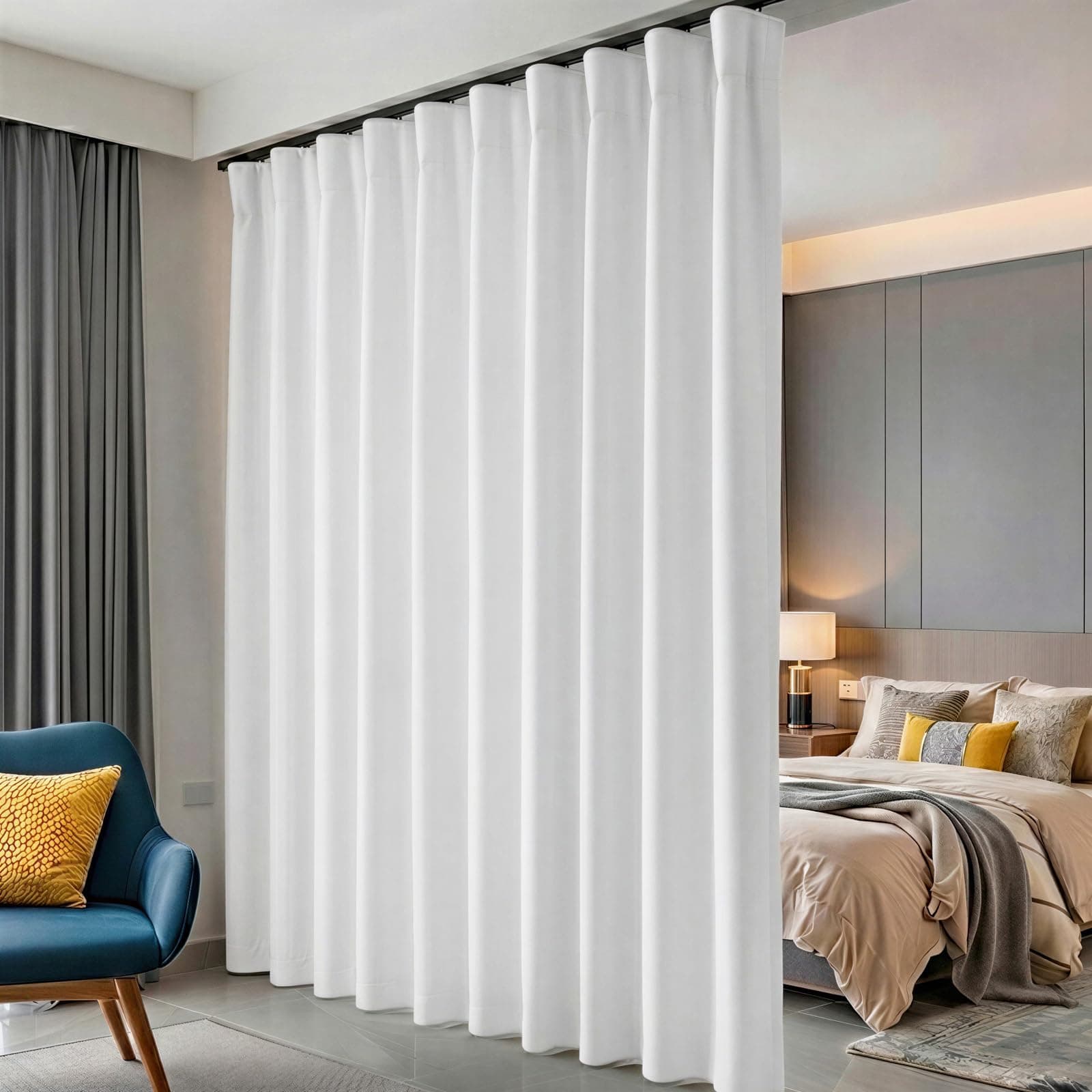 Hoeflife Room Divider Curtains Blackout Floor to Ceiling Curtain with Hook Wall Mount Sliding Door Curtains Ceiling Mount Extra Wide Curtain Wall Divider for Room Separation(Greyish White,W100xH108In)
