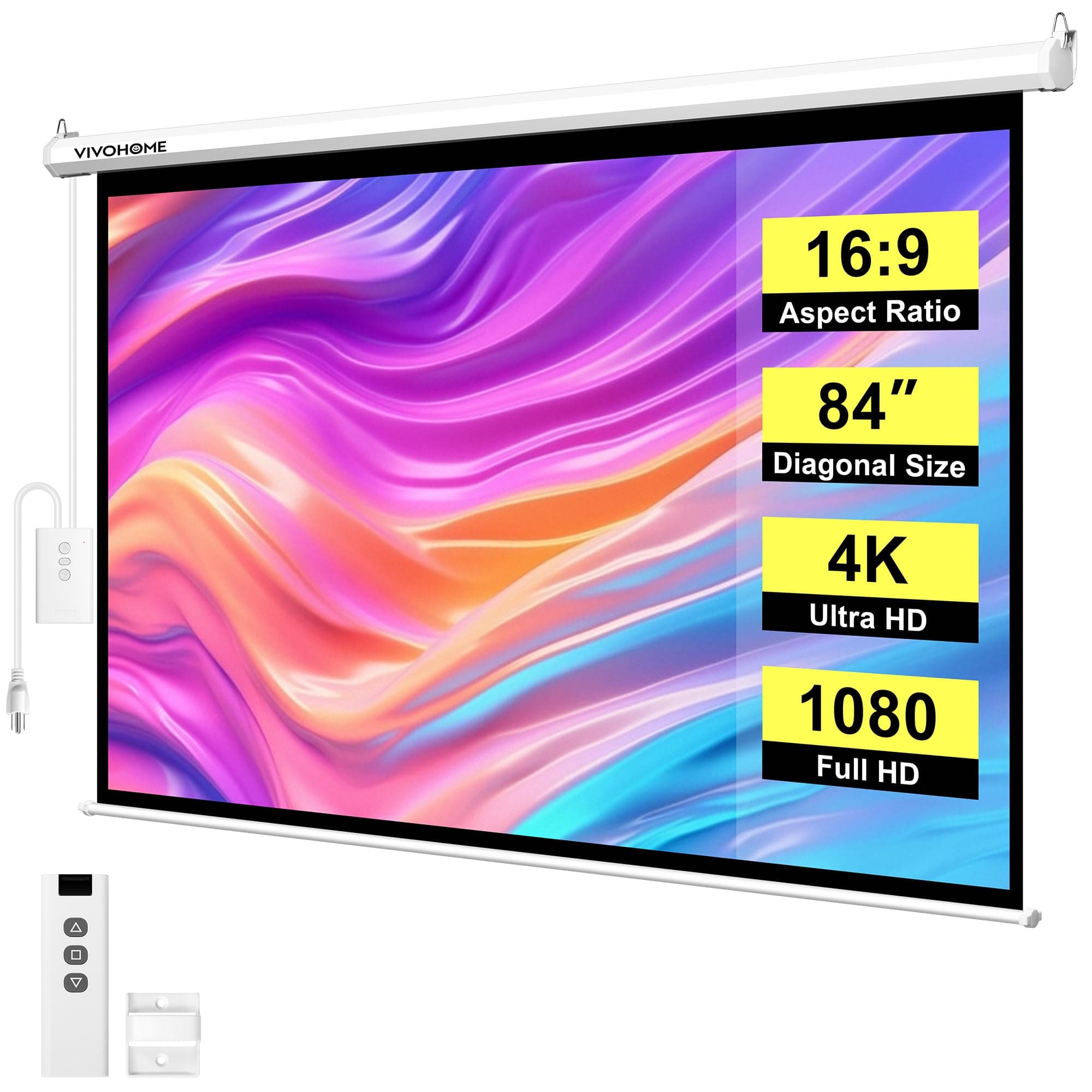 VIVOHOME 84 Inch 16:9 Motorized Projector Screen, White