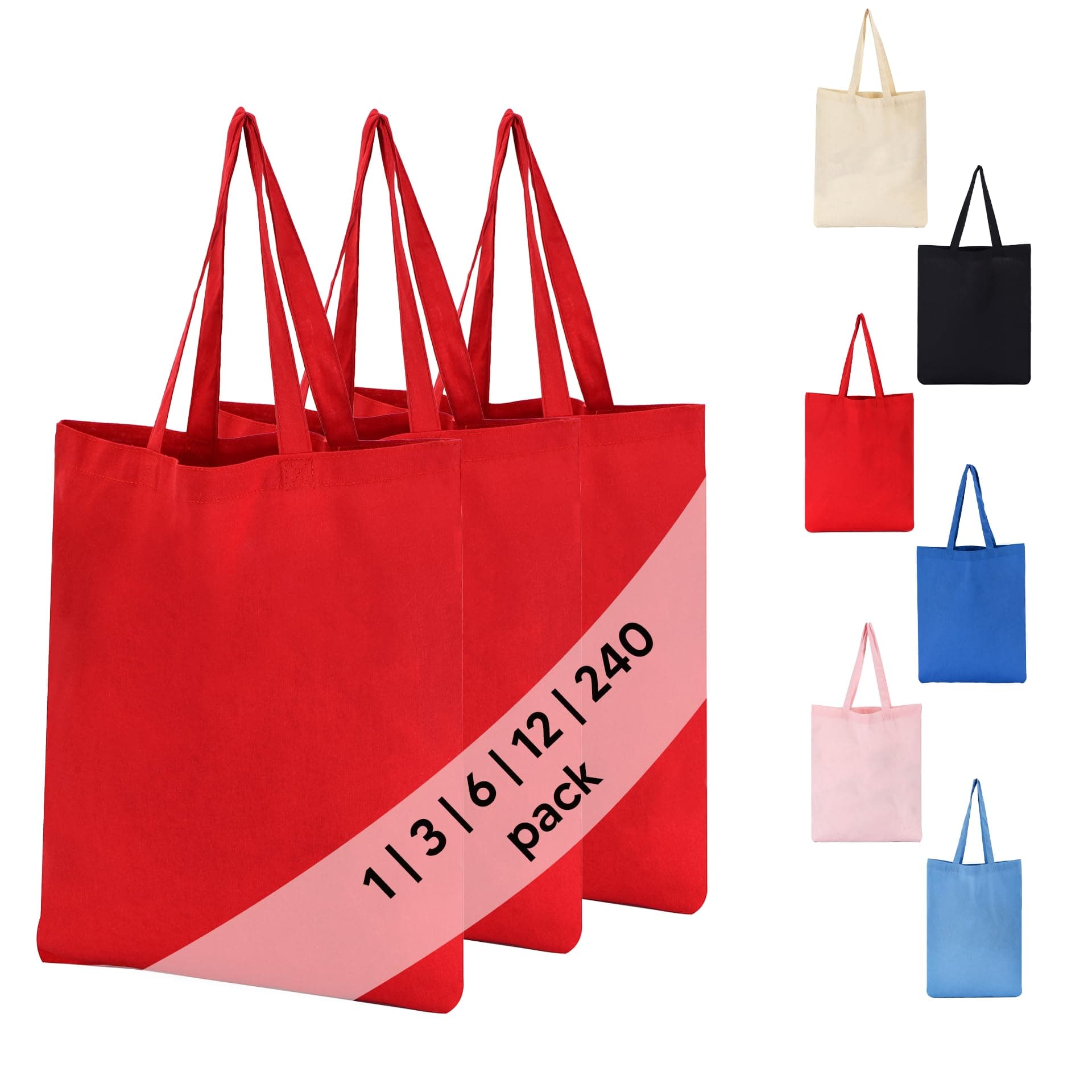 100% Cotton Tote Bags Bulk – Reusable Promotional Tote for Events, Gifts, Custom Printing, Grocery, Craft, Wholesale Use (Red, 6-Pack)