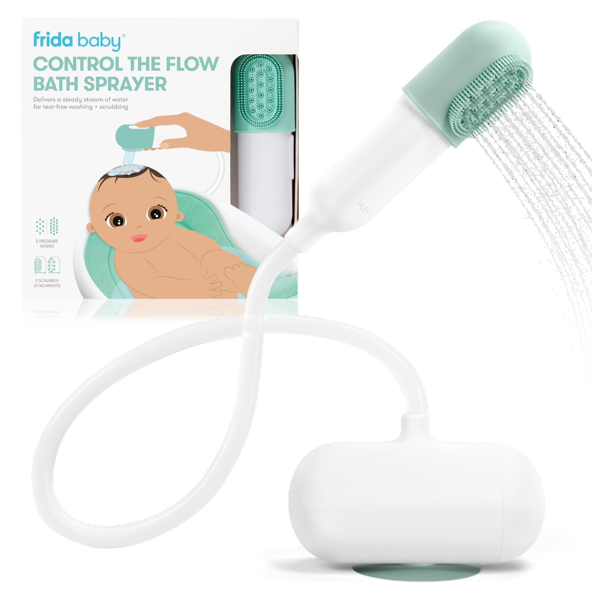 Frida Baby Control the Flow Bathtub Sprayer Attachment for Baby Bathtub, Baby Bath Shower Head with Scalp Massager, Control Waterflow with 2 Pressure Modes, Storage Caddy Holds 1 Gallon of Clean Water