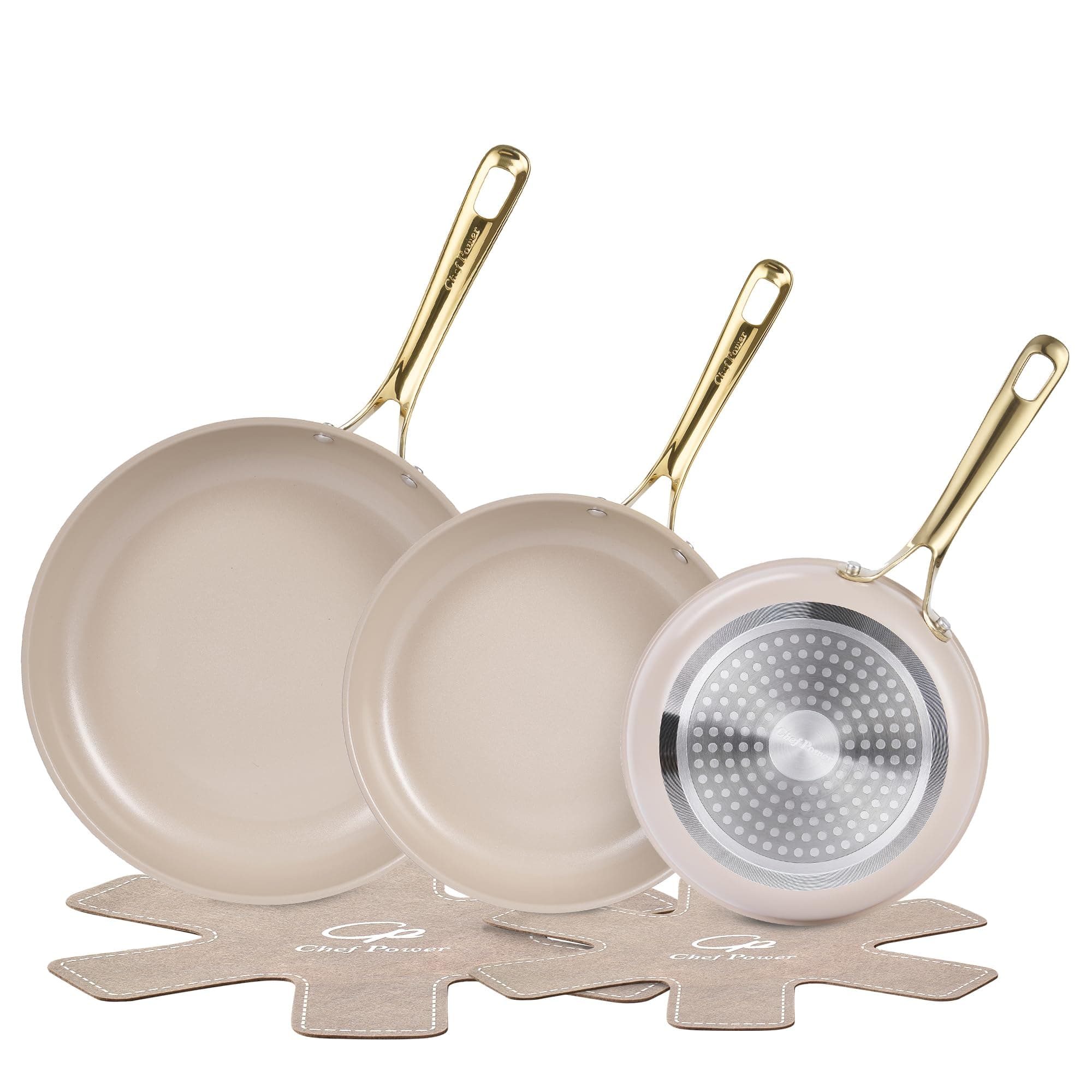 Chef Power Ceramic Cookware Sets, 5Pcs Pots and Pans Set Non Stick, Cookware Set with Stainless Steel Handle, Dishware & Oven Safe, Taupe and Light Gold Handle