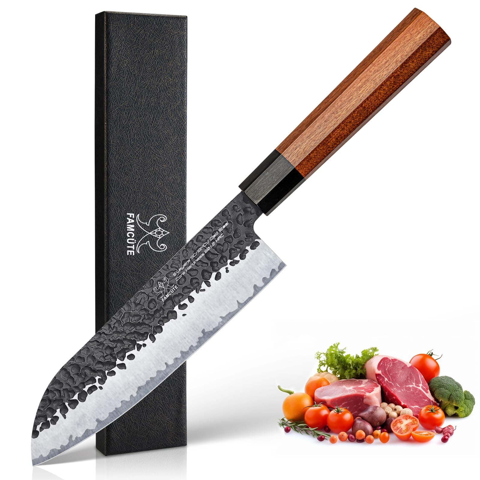 FAMCÜTE Santoku Knife 7 inch, Hand Forged 3 Layers 9CR18MOV High Carbon Steel Professional Kitchen Knife -Ultra Sharp Wood Handle Japanese Sushi Knife for Men and Women