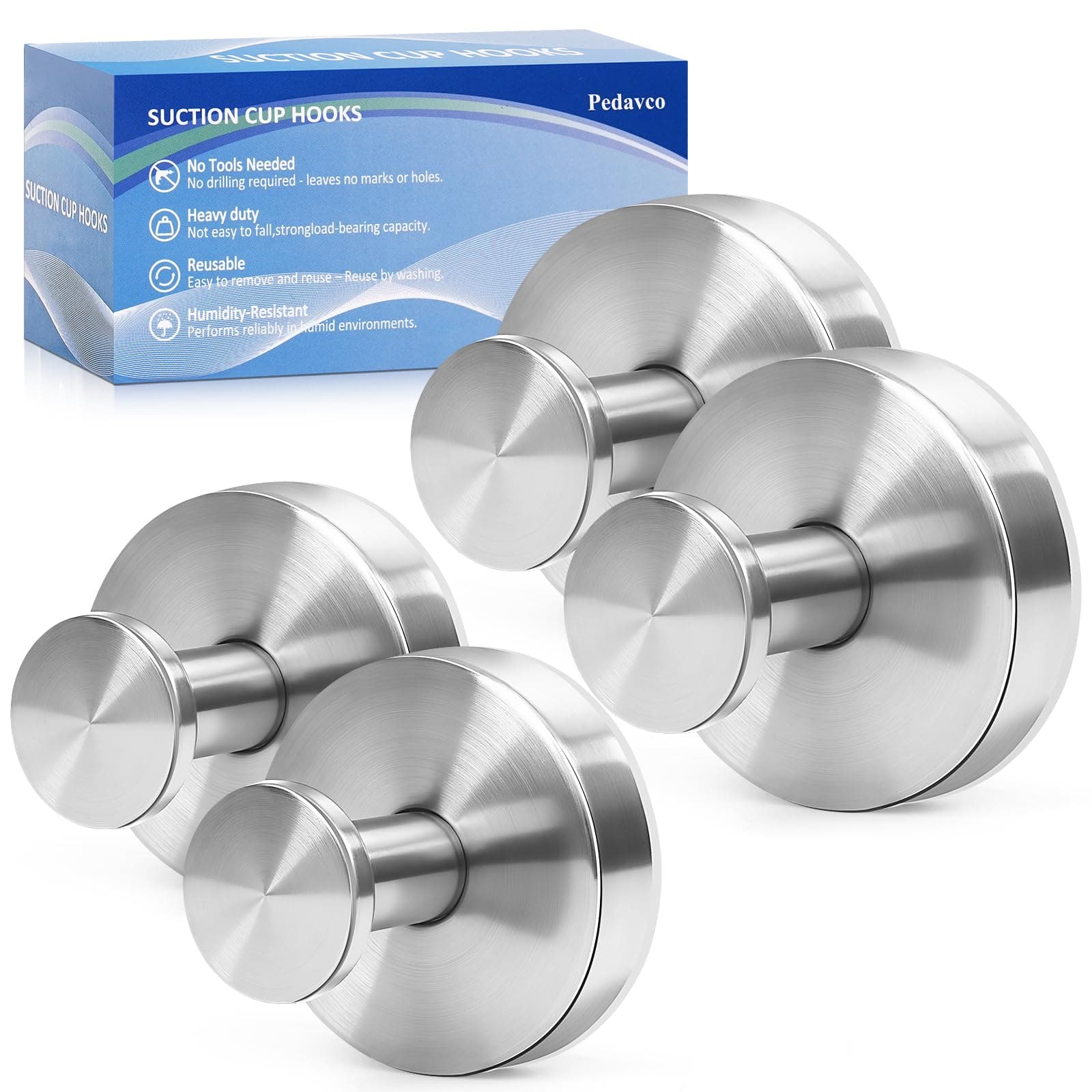 Pedavco Suction Cup Hooks for Shower No Drill - Heavy Duty Stainless Steel Bathroom Hooks, Wall Mounted for Towels, Robes, Loofah - Works on Tile, Glass, Mirror, Kitchen (Silver, 4 Pack)