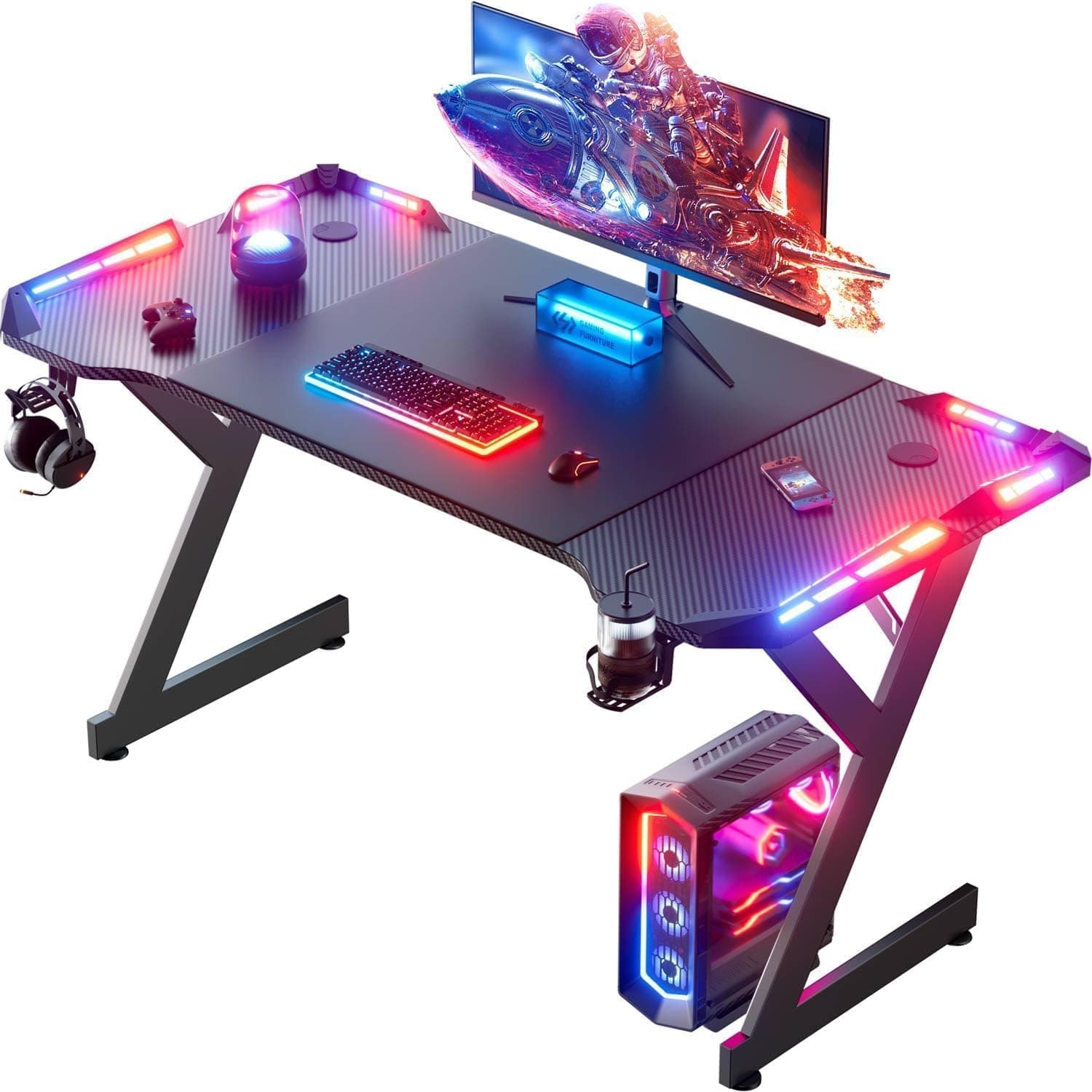 HLDIRECT 55 Inch Gaming Desk with LED Lights, Carbon Fiber Computer Desk
