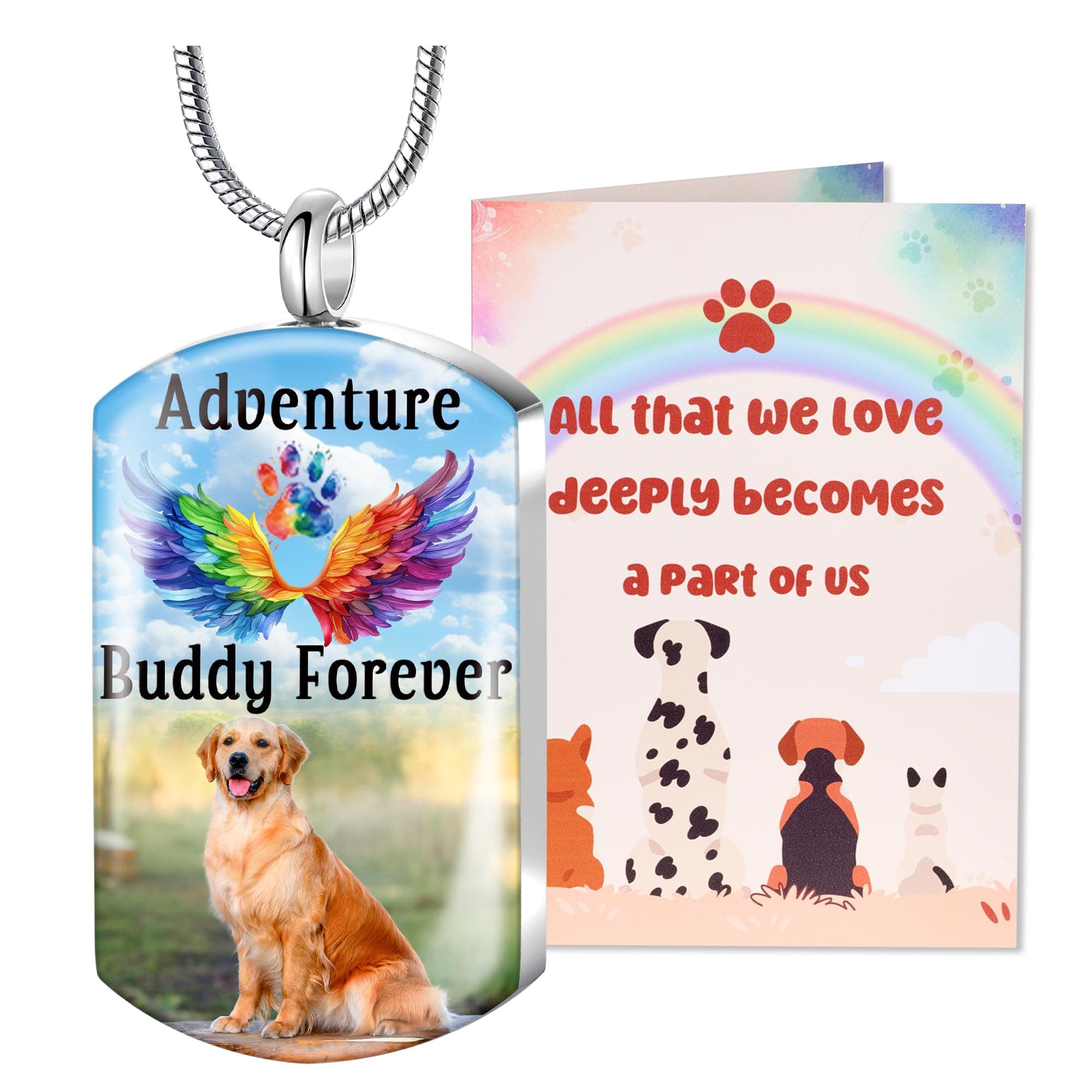 Fanery Sue Personalized Pet Ashes Necklace for Dog Cat Custom Photo&Text Pet Loss Sympathy Gift Cremation Jewelry (Adventure Buddy Forever & Silver)