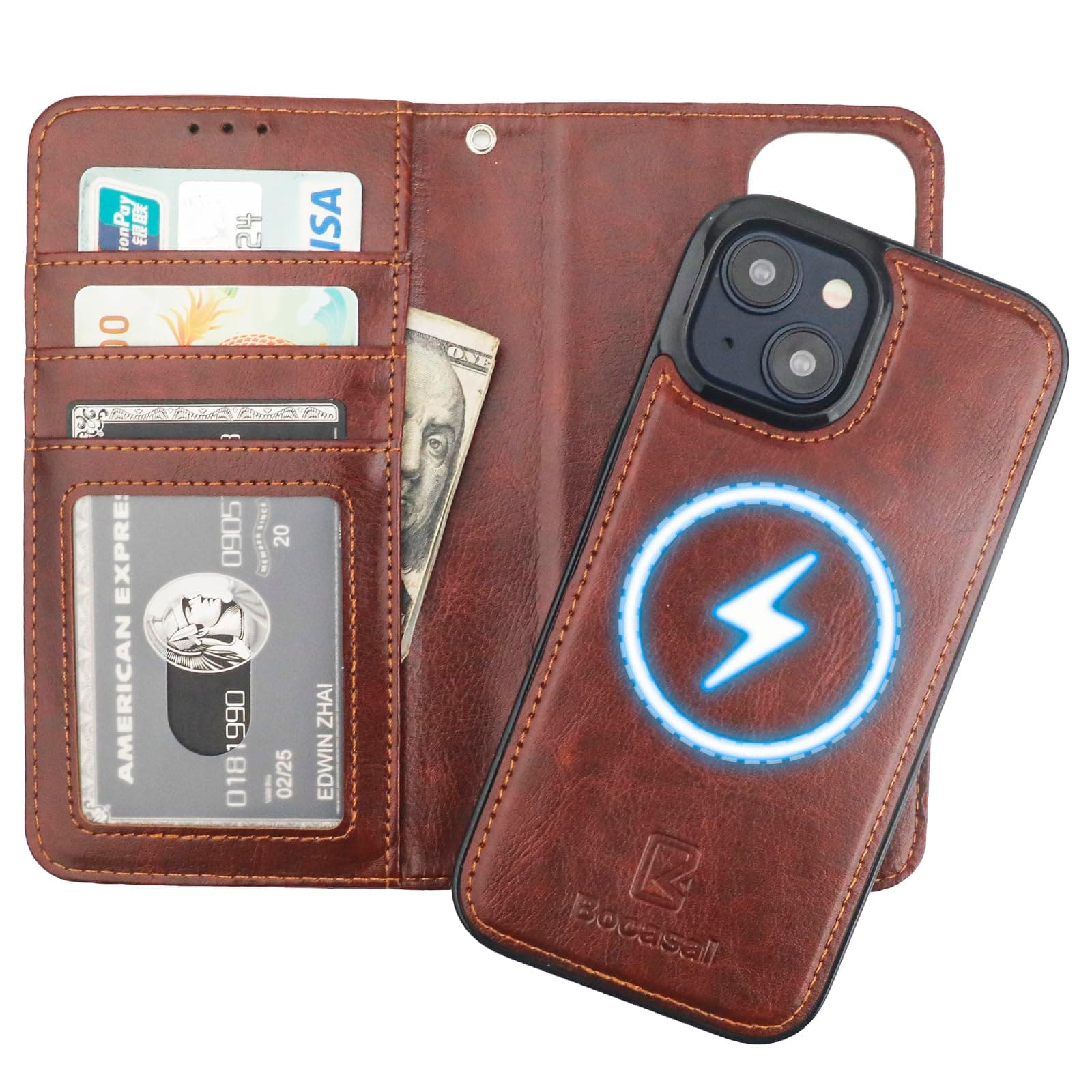 Bocasal for iPhone 15 Wallet Case Compatible with MagSafe Wireless Charging, RFID Blocking Magnetic Leather Case with Card Slots Holder Kickstand Detachable Wrist Strap 6.1 Inch (Brown)