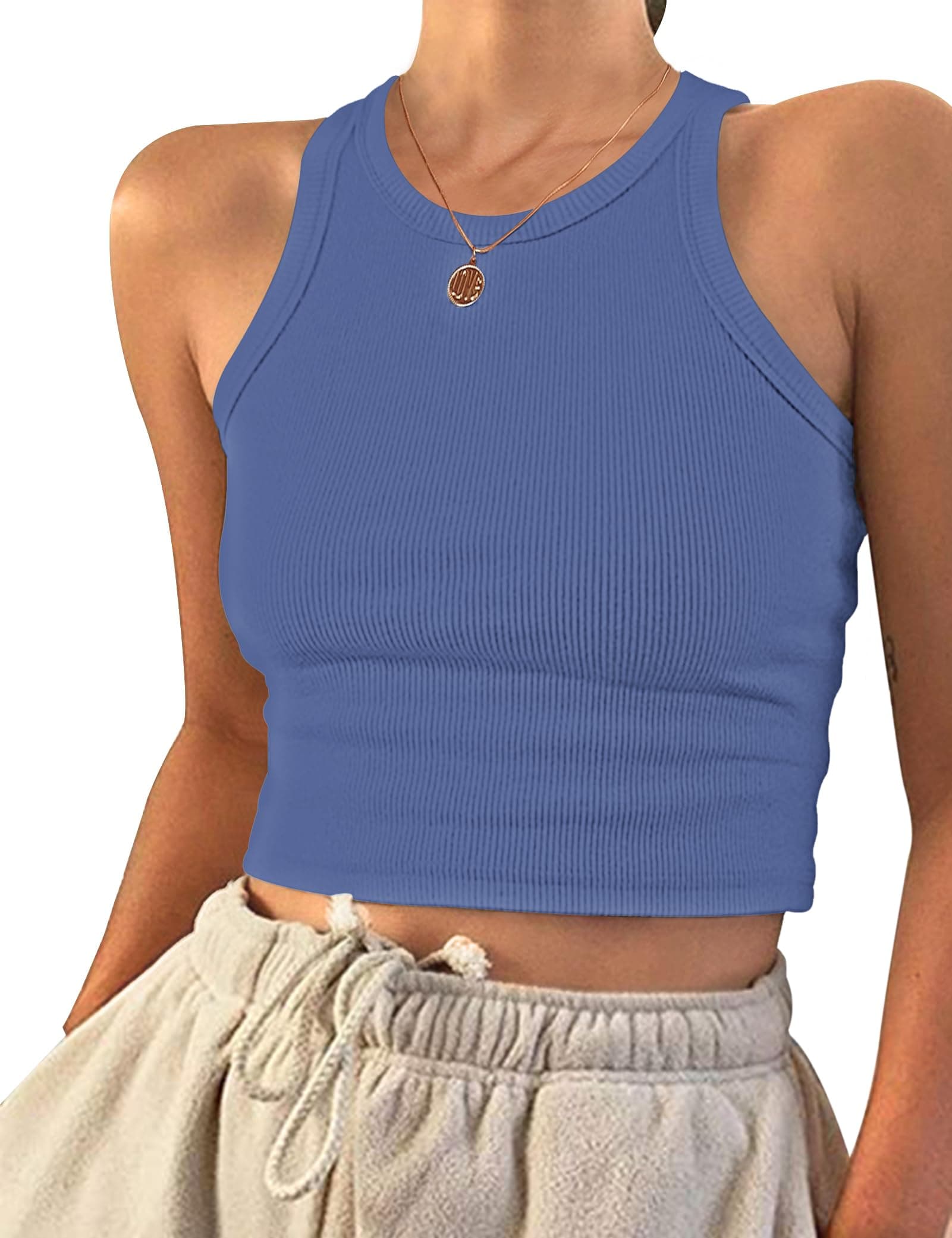 PLOKNRD Womens Tops Ladies Crop Tank Top Vests Summer Basic Clothing Blue XL