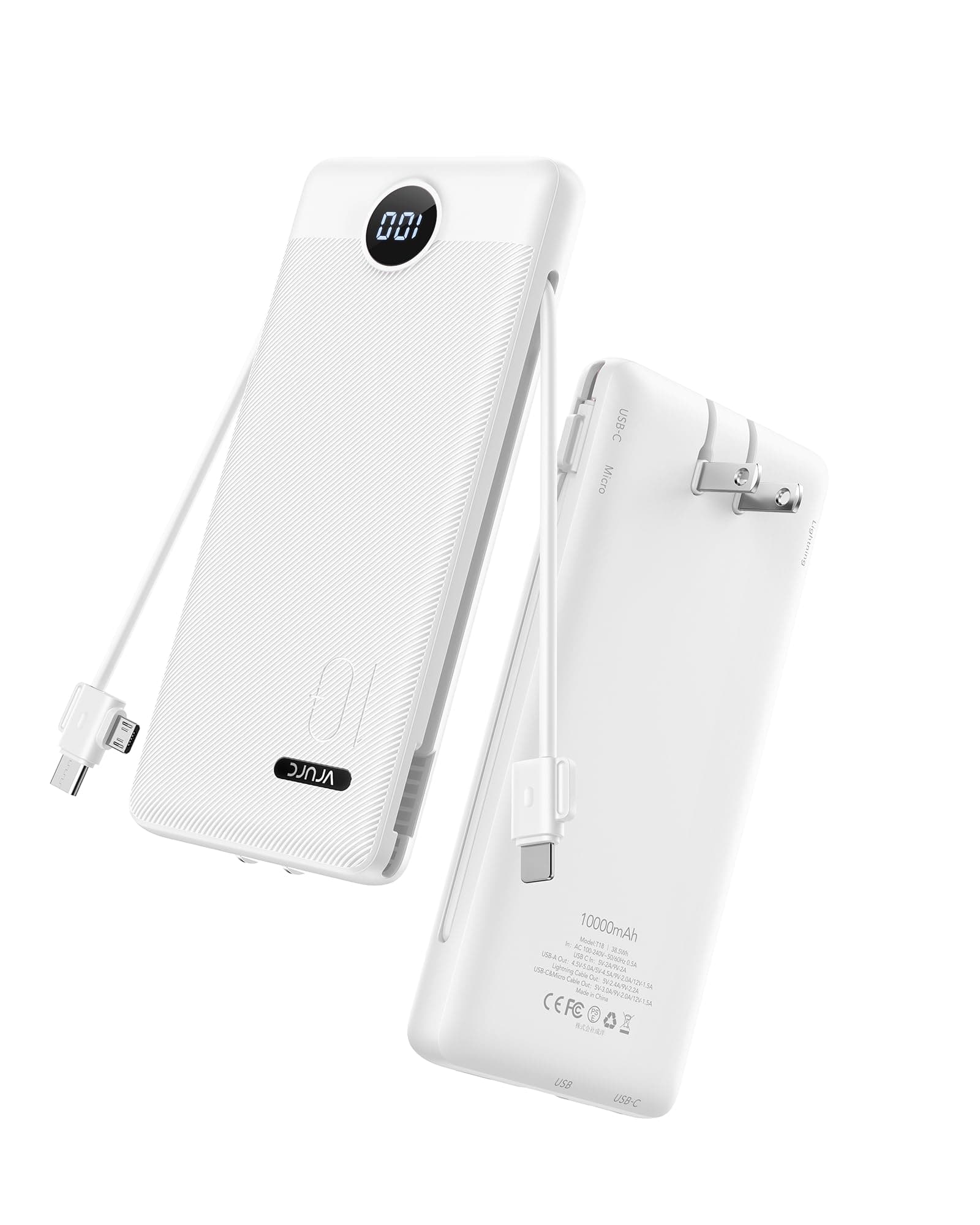 VRURC 10000mAh Portable Phone Charger, Built-in AC Plug & Cables, White
