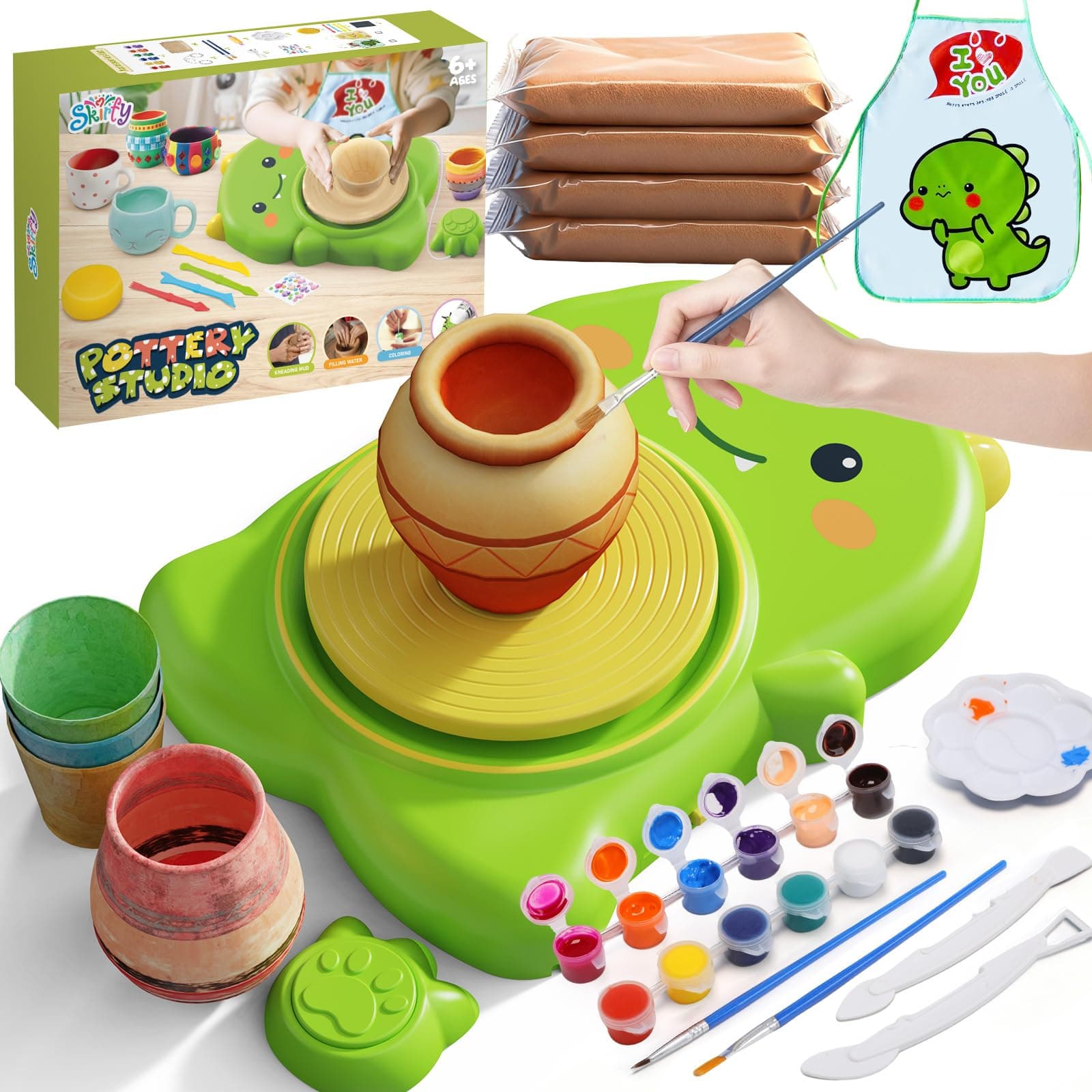 Skirfy Mini Pottery Wheel Kit for Beginners Kids,Electric Ceramic Wheel with Foot Pedal&Painting Kit, Adjustable Speed,Clay Spinner DIY Tools for Art Craft Birthday (Green dinosaur)