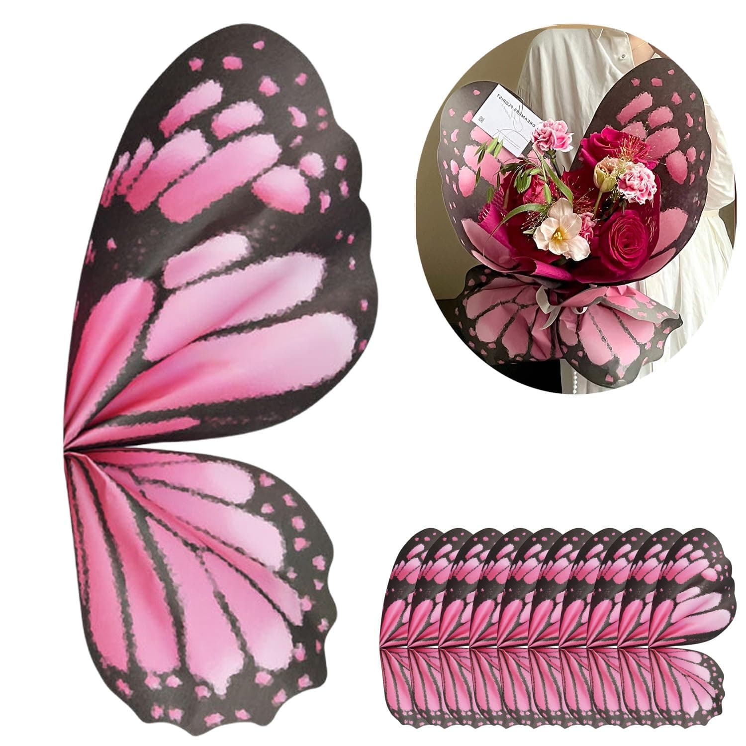 Aiouclay 20 Sheets Bouquet Butterfly Wrapping Paper,Waterproof Flower Wrapping Paper,Papel Coreano Para Flores,Butterfly Bouquet Accessories for Wedding Birthday Flower Shop DIY Craft(Red-Black)